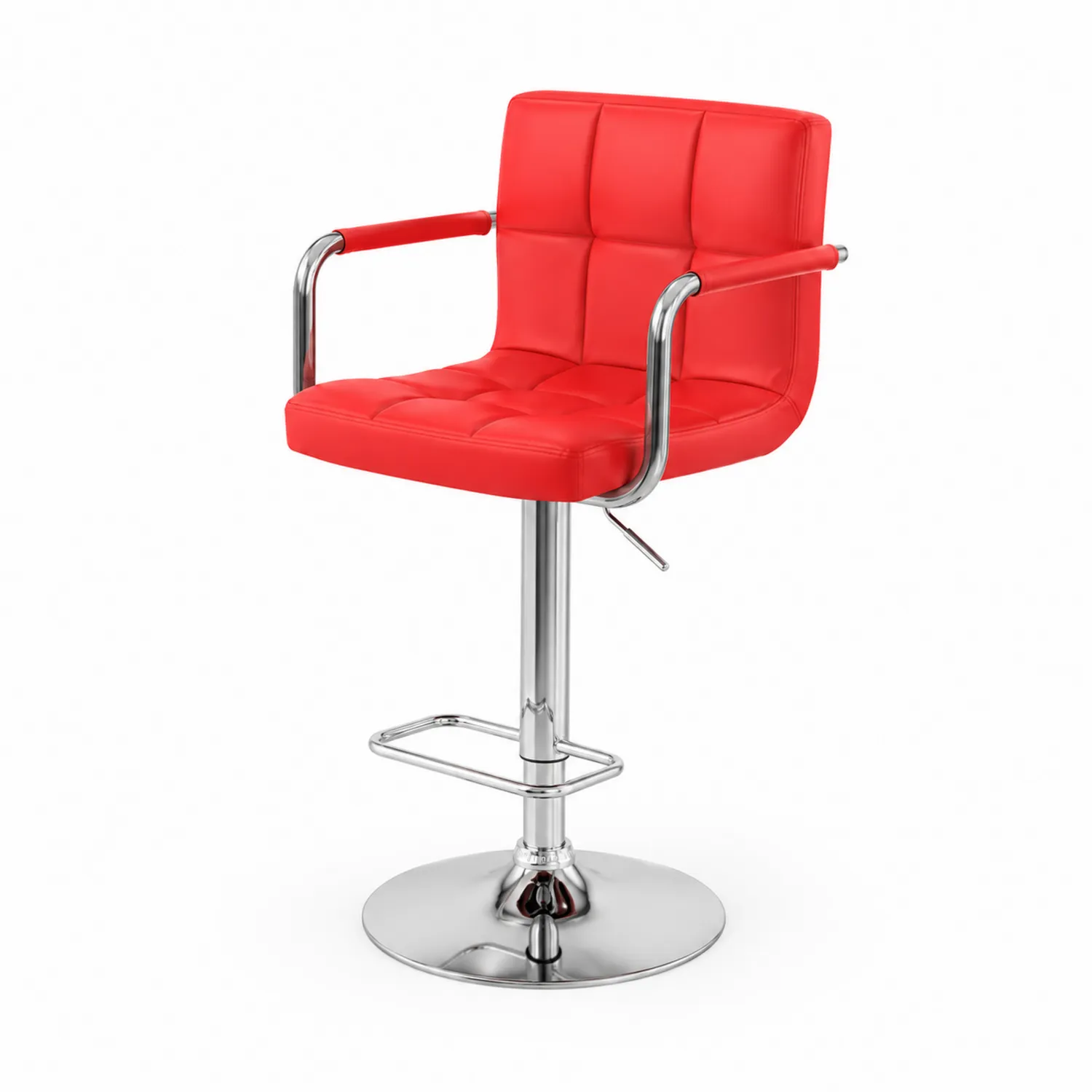 Taburete rojo de cuero sintético con base cromada