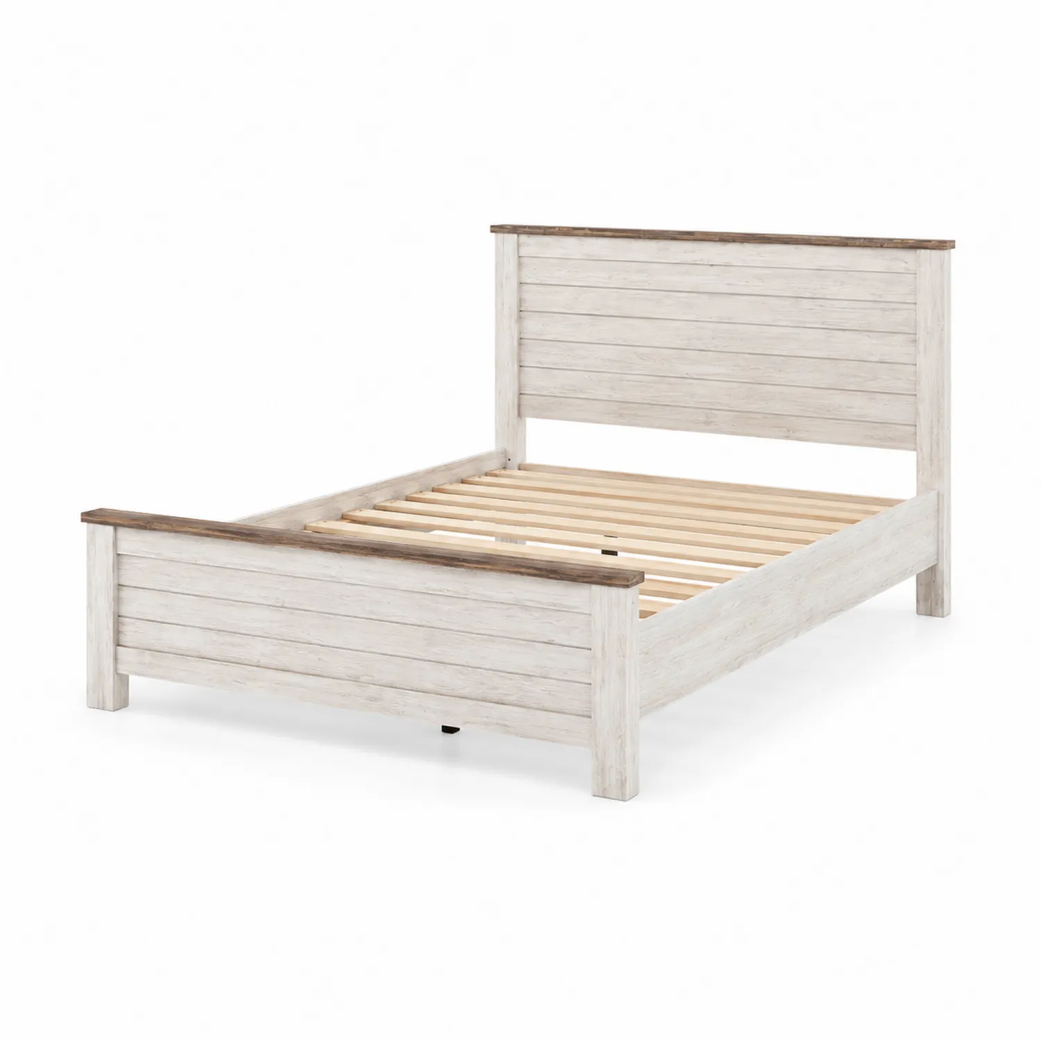 Cama de madera maciza blanca con detalles marrones