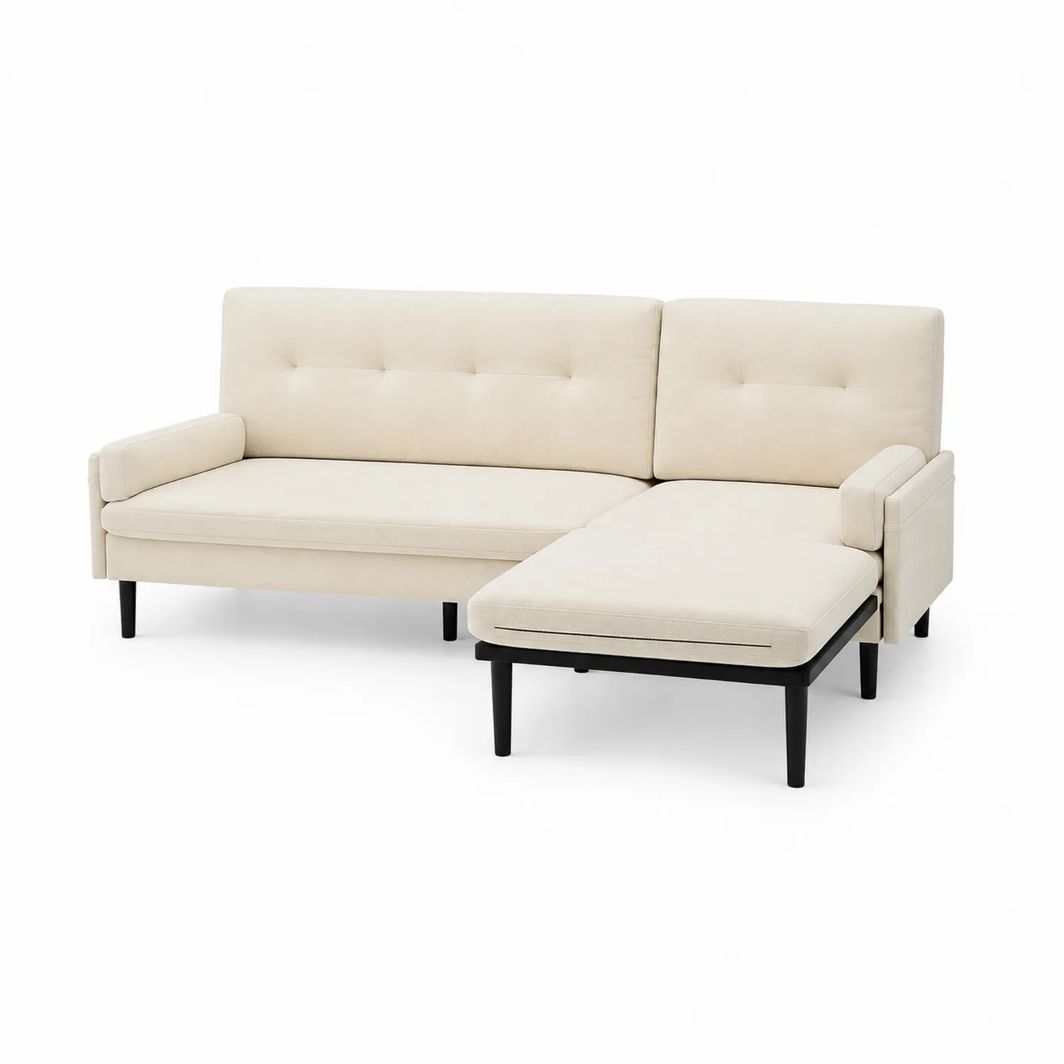 Sofá esquinero de tela beige con chaise longue y patas de madera
