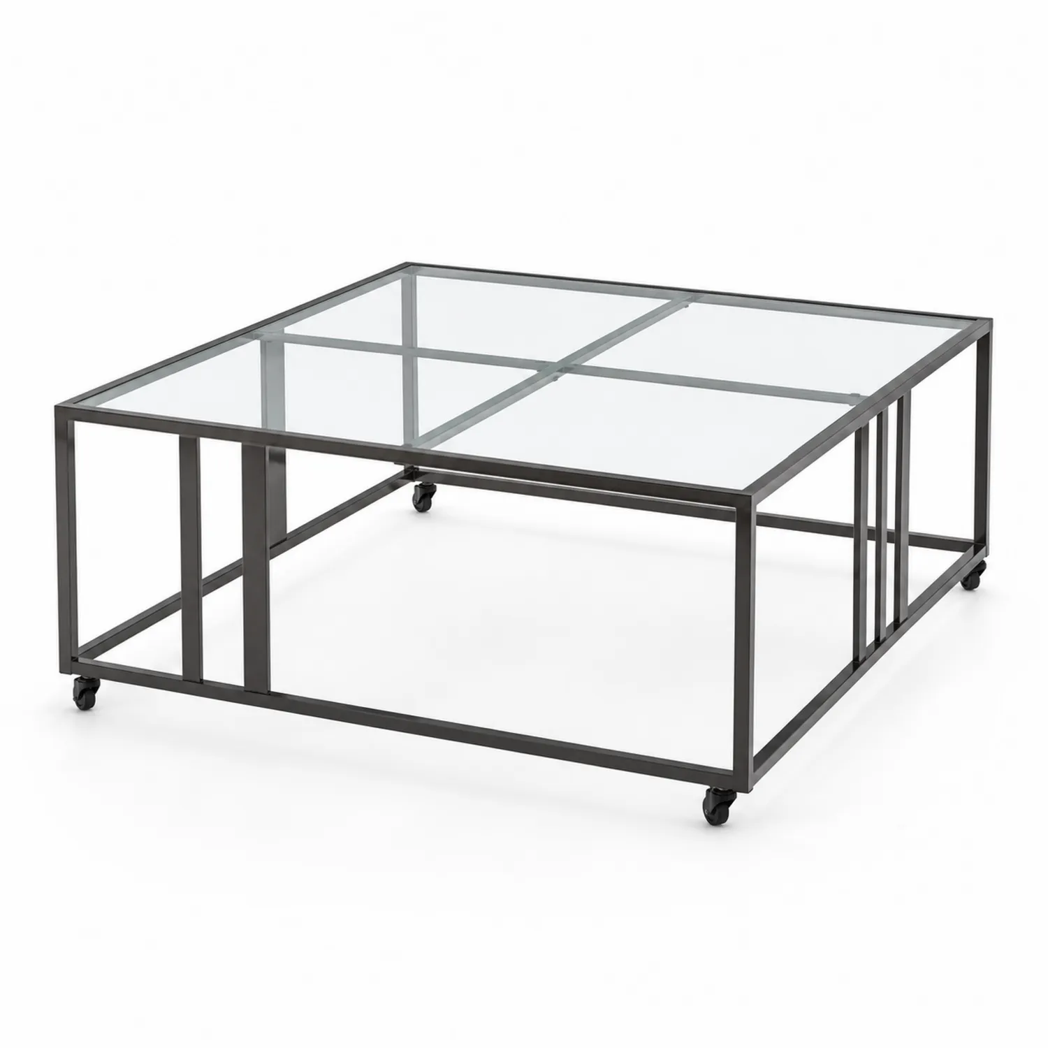 Mesa de centro de vidrio templado y acero con ruedas