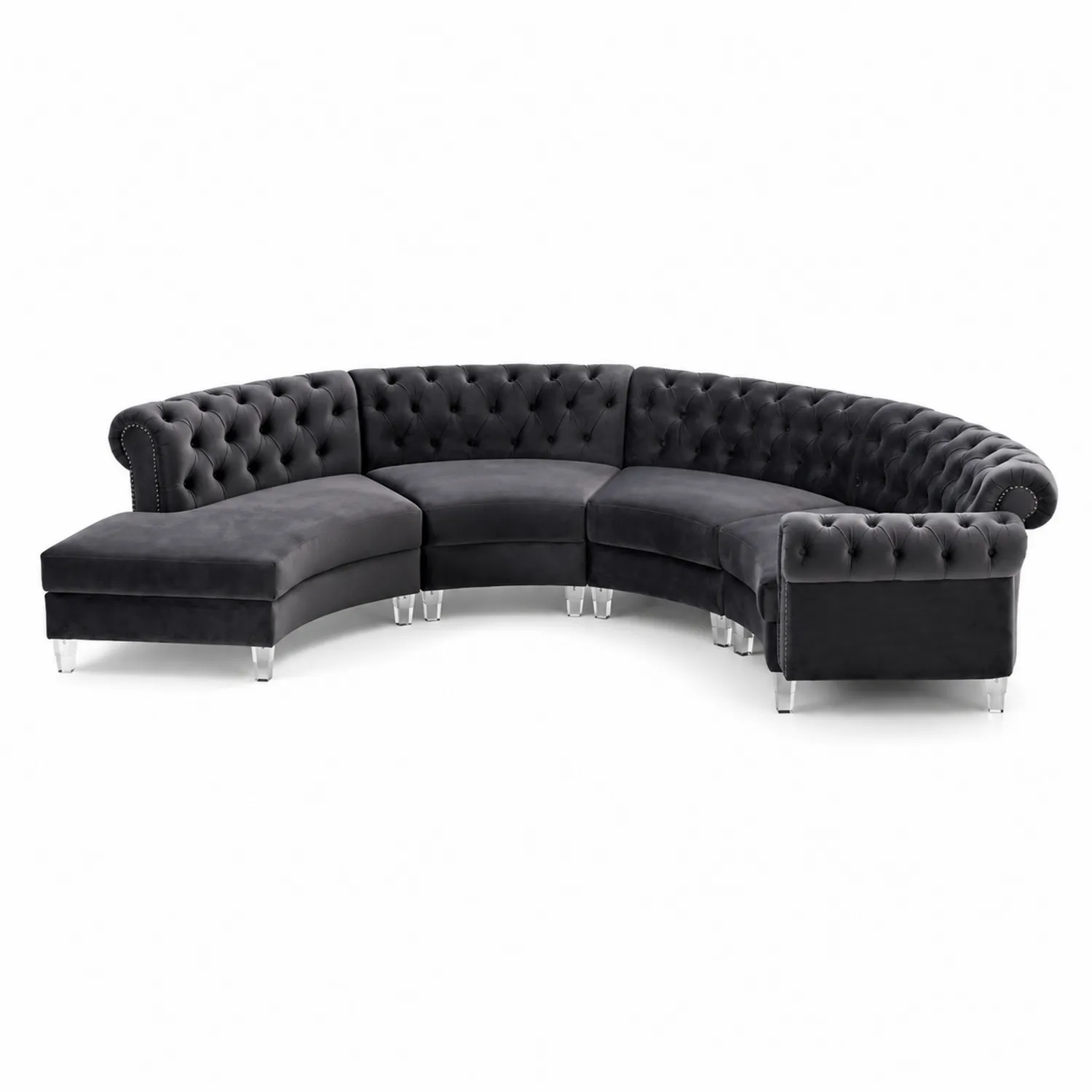 Sofá seccional semicircular de terciopelo gris oscuro con patas acrílicas