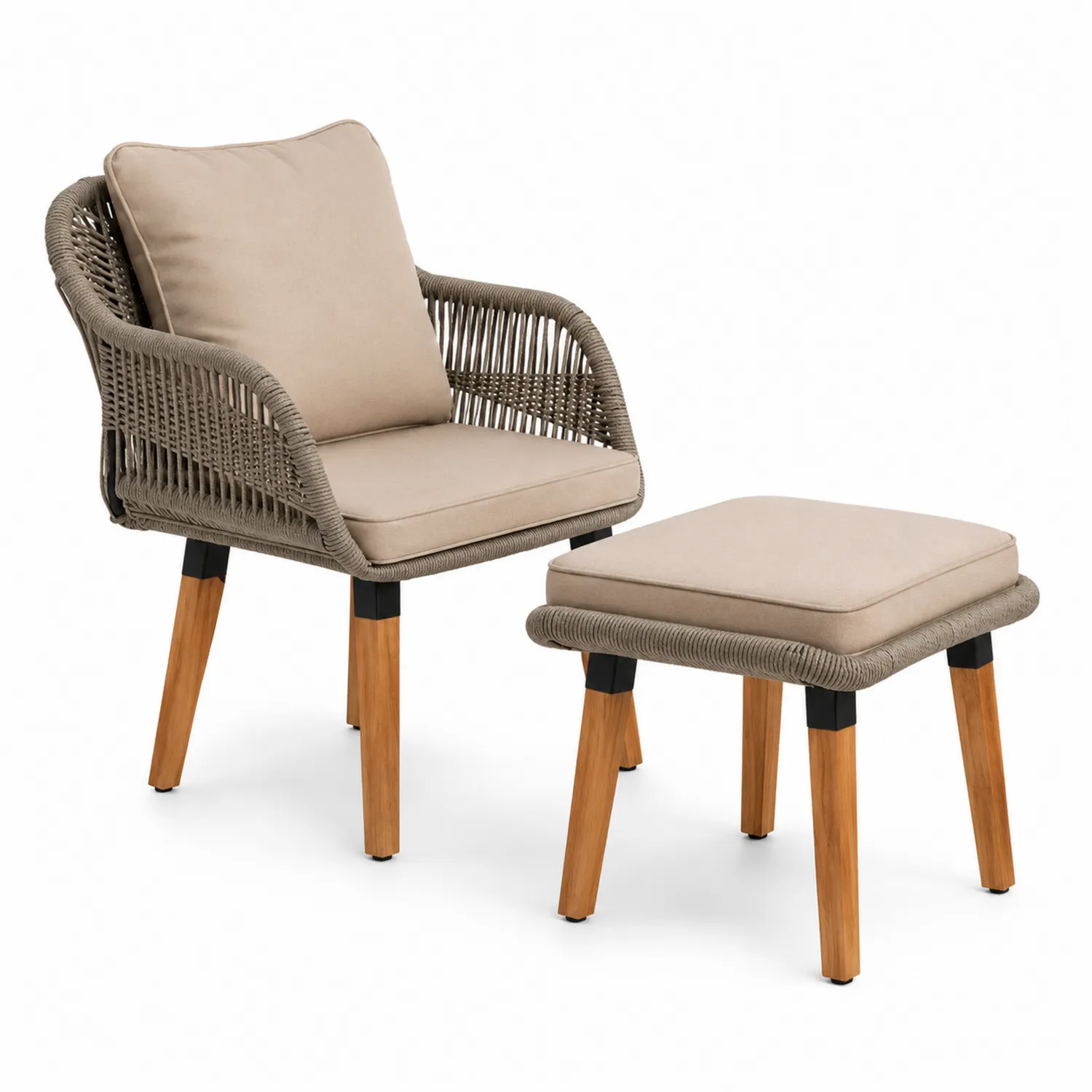 Conjunto de Silla y Puf de Ratán Sintético con Patas de Madera