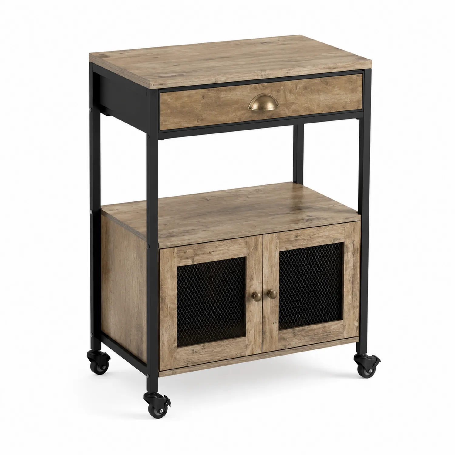 Carrito de Madera y Metal con Cajón y Puertas de Malla Metálica