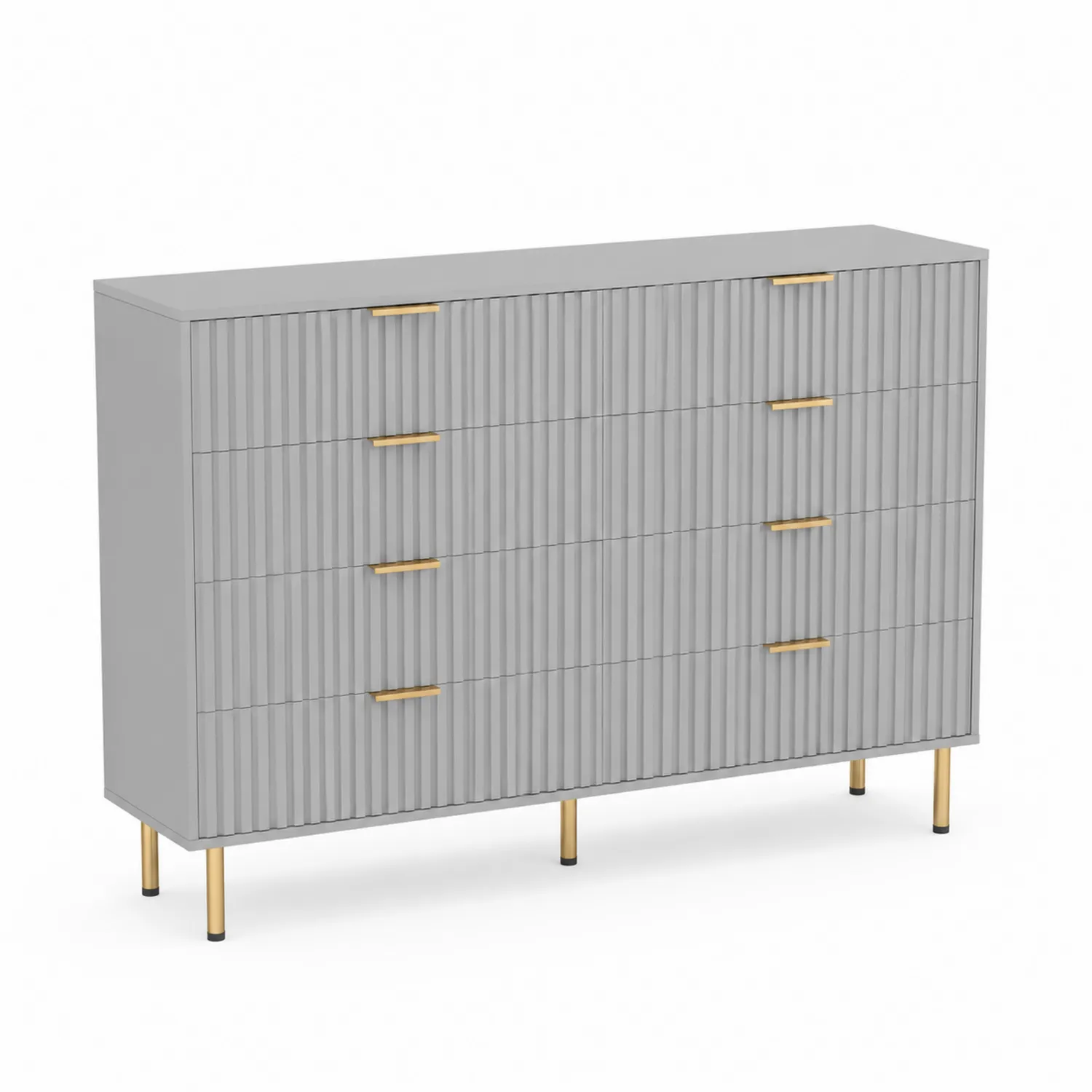 Cajonera de 5 cajones en MDF gris con tiradores dorados y patas metálicas 120x40x90 cm