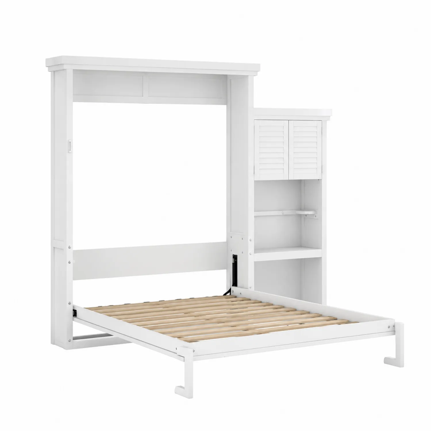 Cama abatible de madera blanca con almacenamiento y estantes