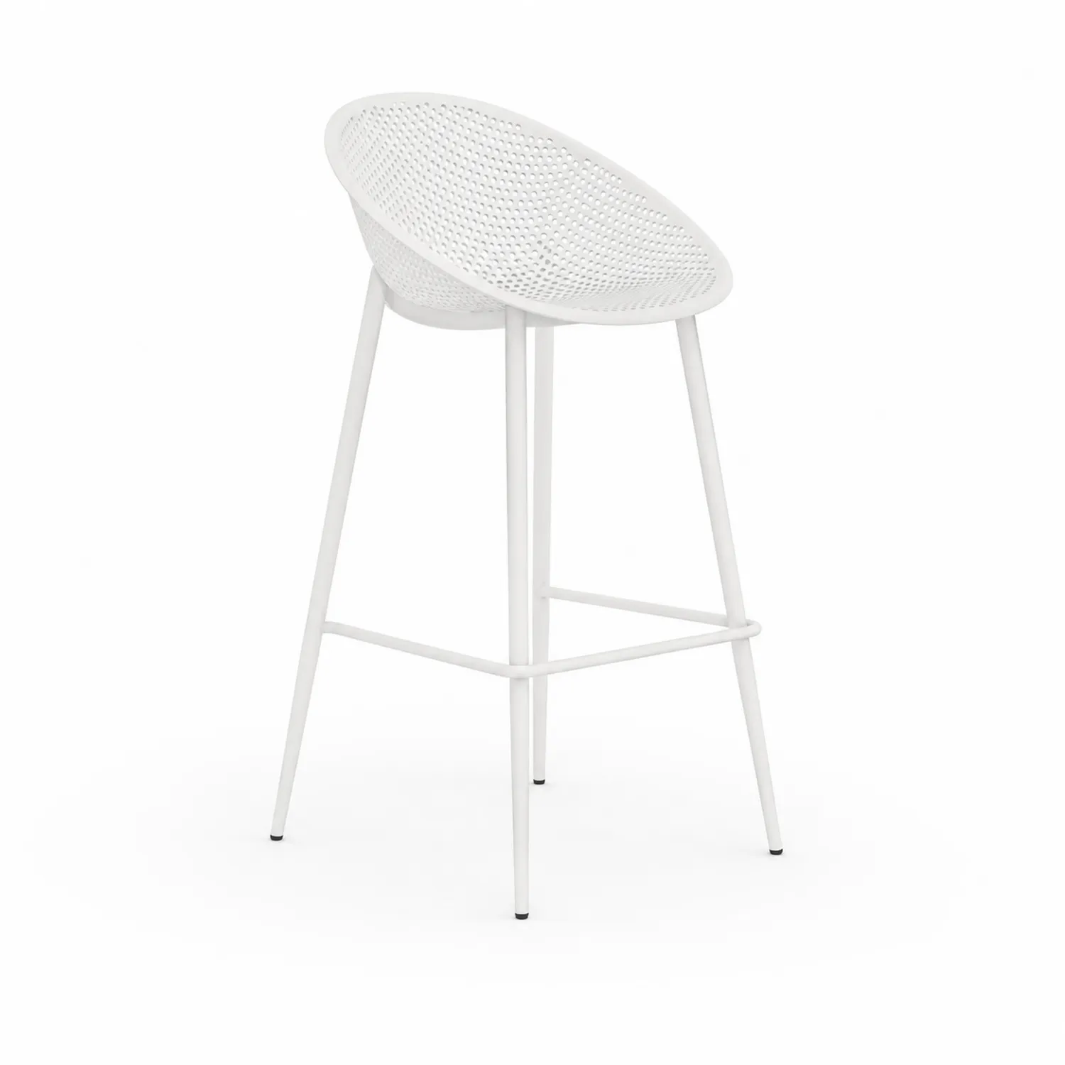 Taburete alto de metal blanco con asiento perforado