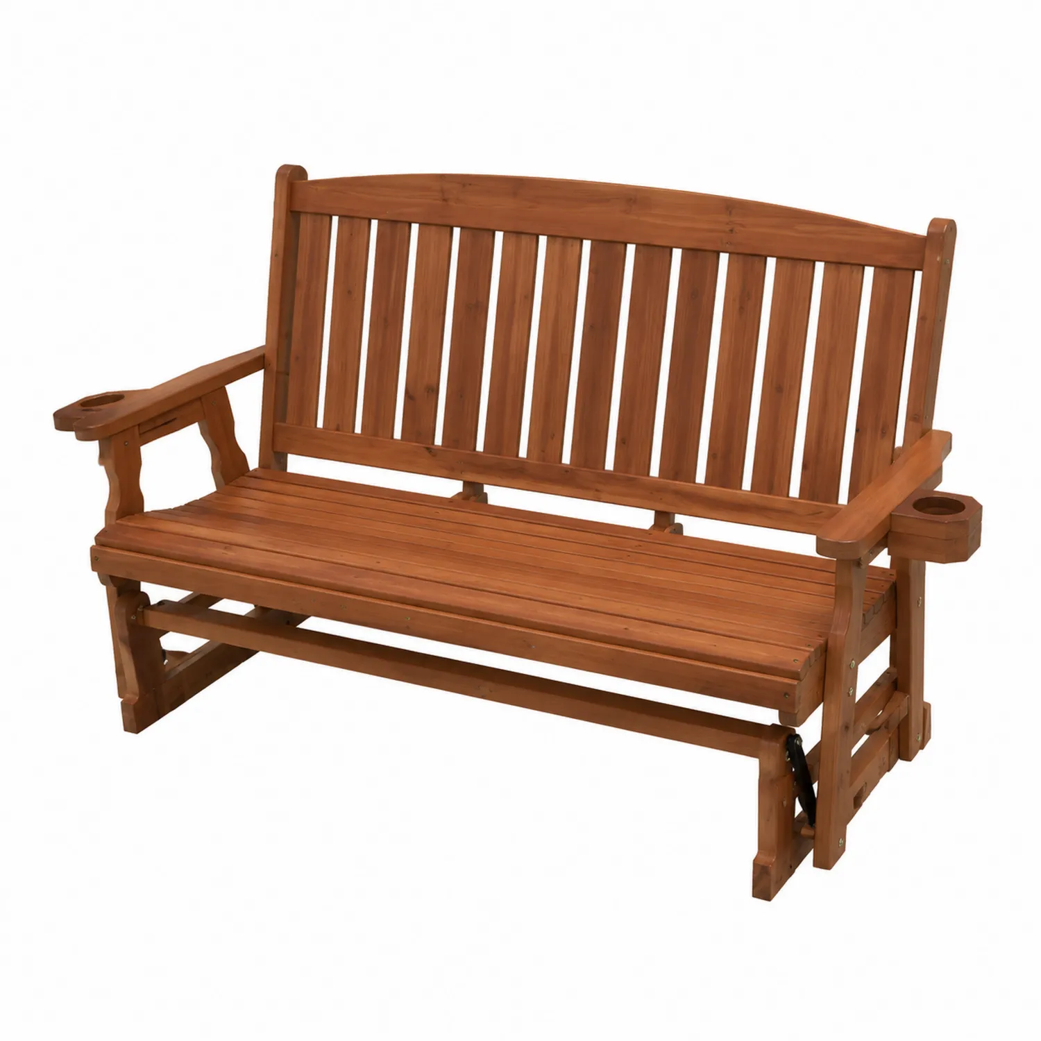 Banco deslizante de madera de acacia marrón con portavasos