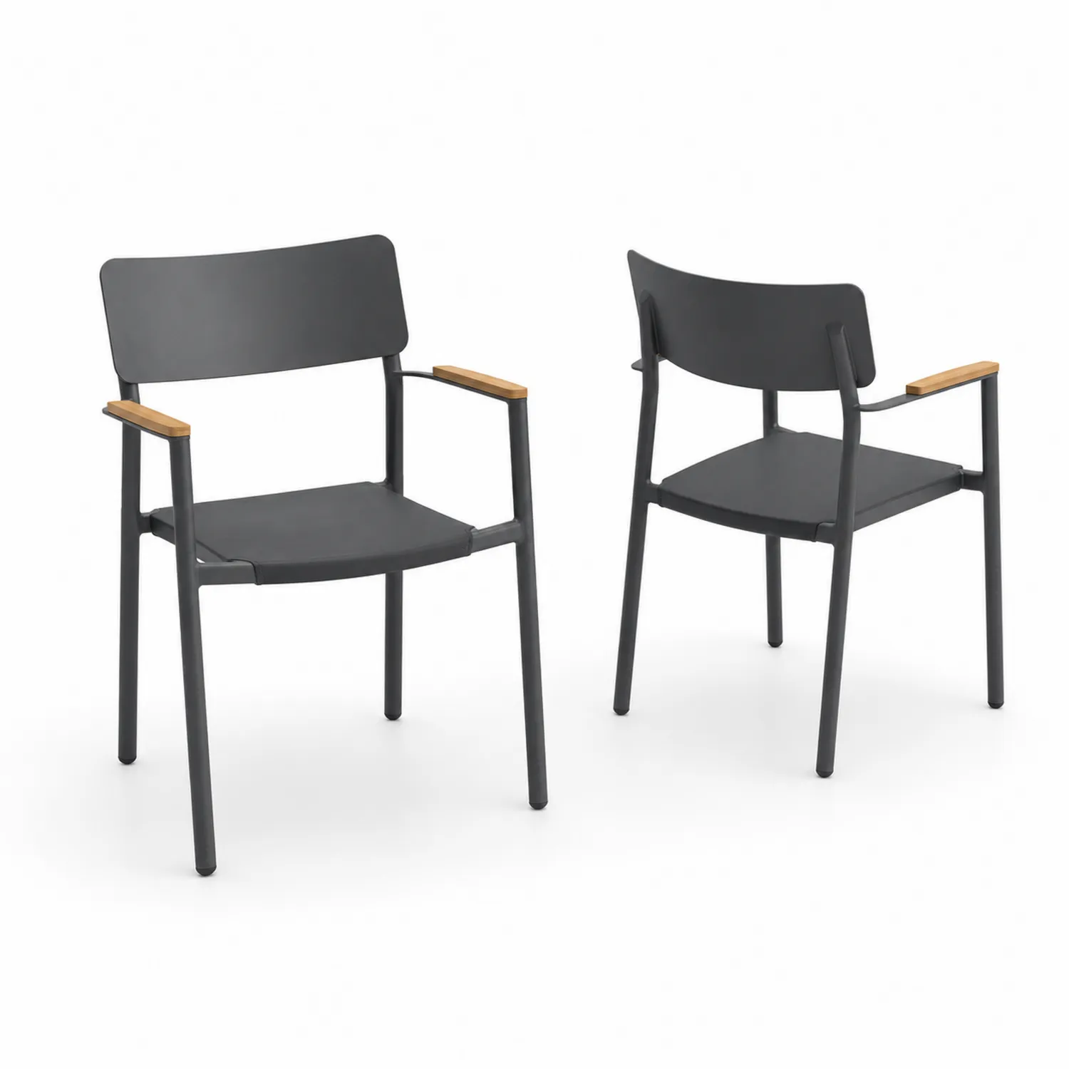 Sillas de metal gris con reposabrazos de madera, set de 2
