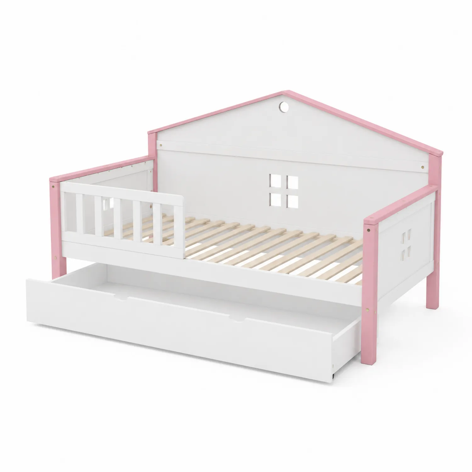Cama infantil de madera con cajón extraíble Blanco/Rosa