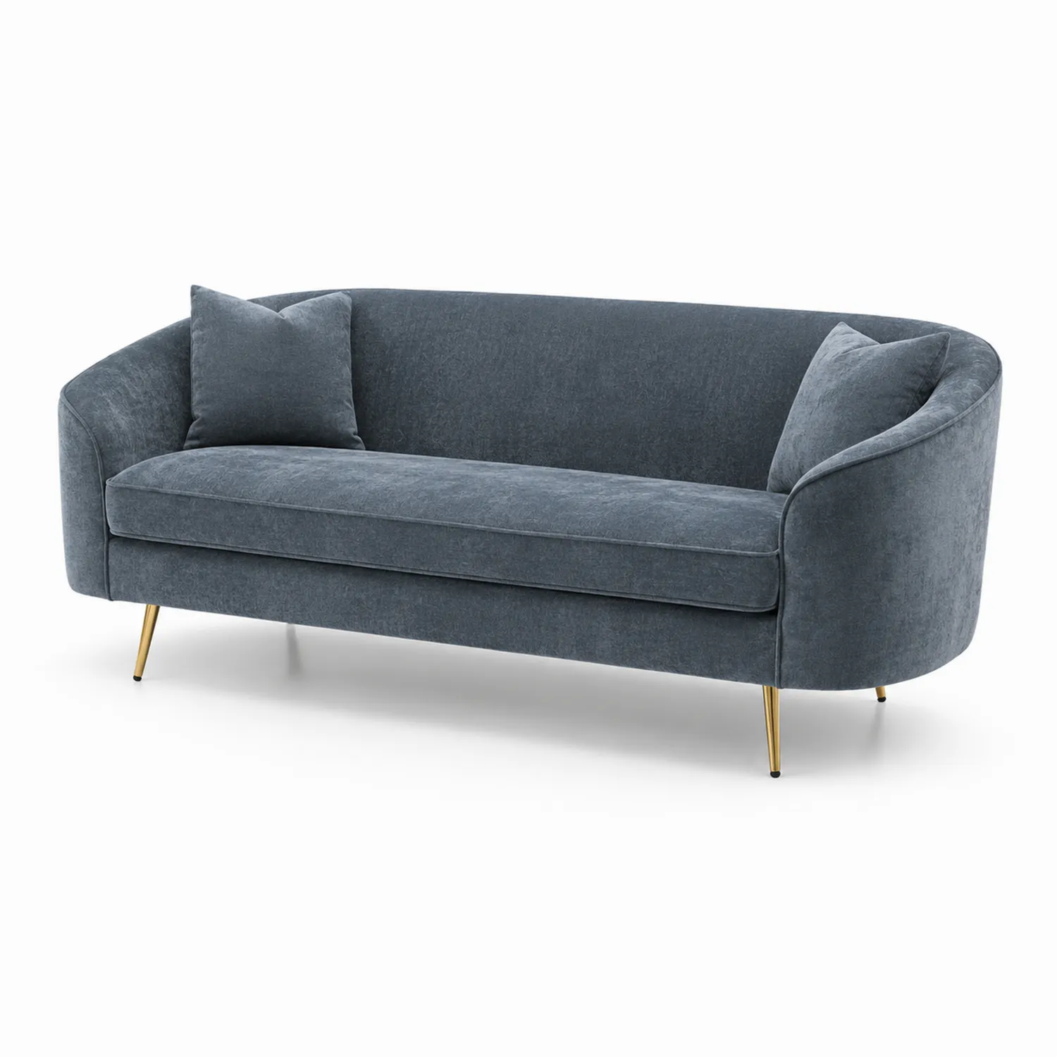 Sofá de terciopelo azul oscuro con patas de metal dorado
