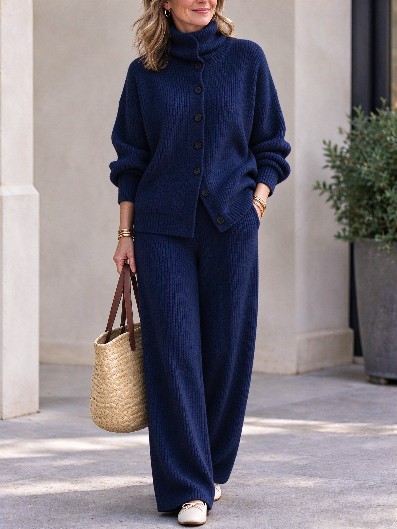 ⏰2026 HOT SALE💥 Women's Casual Turtleneck Top and Wide-Leg Pants Knit Suit