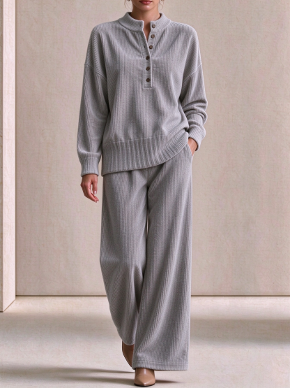 Women's Casual Loose Button Top and Wide-Leg Pants Knit Suit