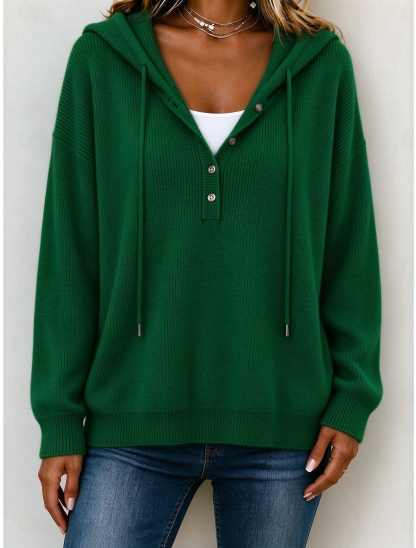 Women‘s Casual Loose Button Hooded Cashmere Sweatshirt