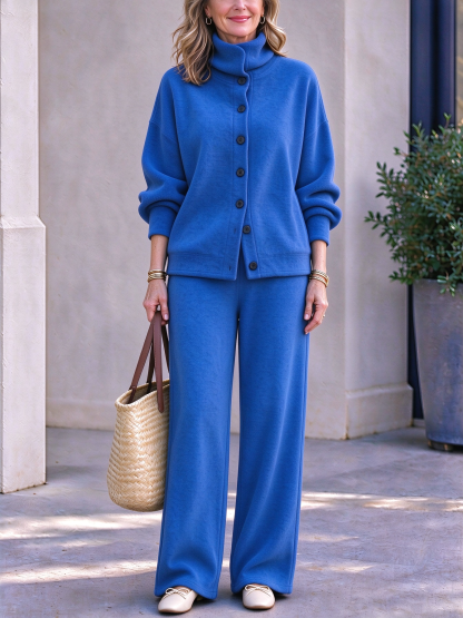 Women's Casual Turtleneck Top and Wide-Leg Pants Suit
