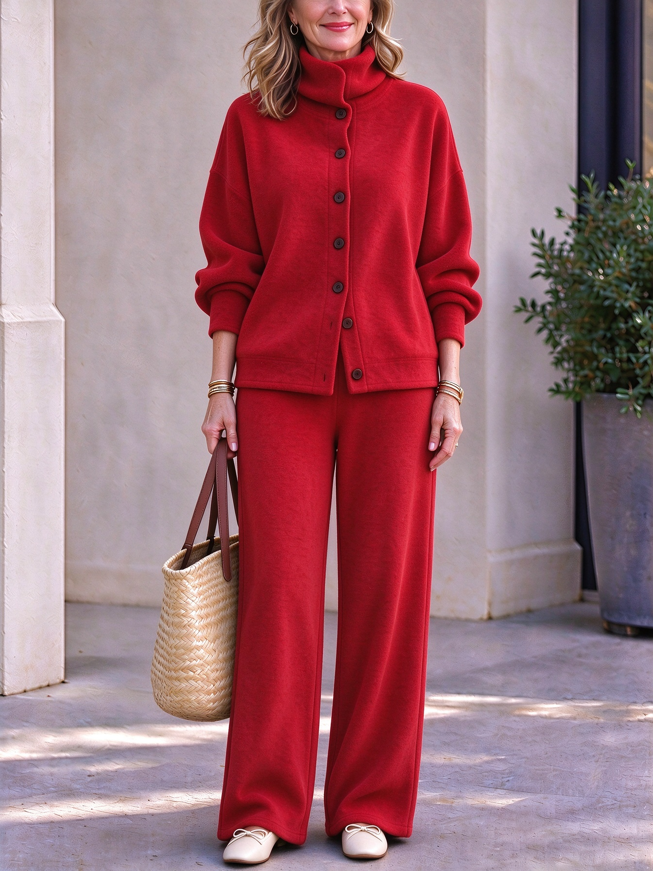 Women's Casual Turtleneck Top and Wide-Leg Pants Suit