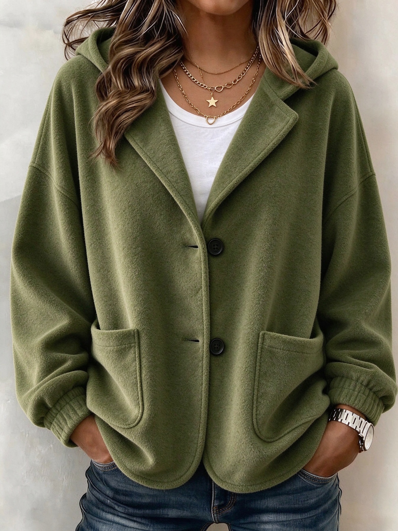 Women's Casual Solid Button Hooded Cardigan Jacket