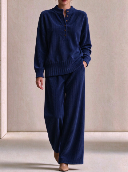 Women's Casual Loose Button Top and Wide-Leg Pants Knit Suit