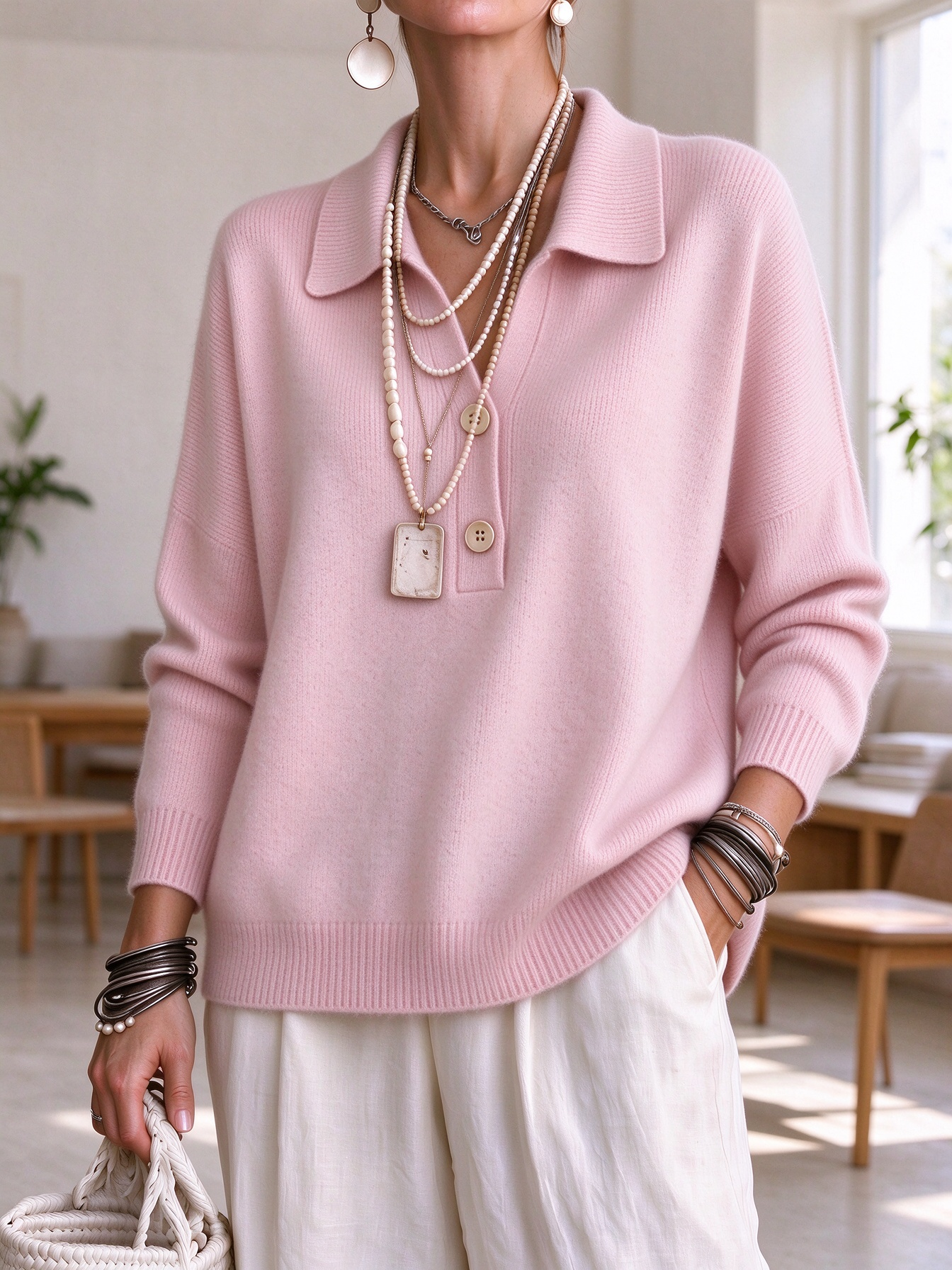 ⏰CLEARANCE💥 Women‘s Casual Comfy V-neck Button Cashmere Sweater Top