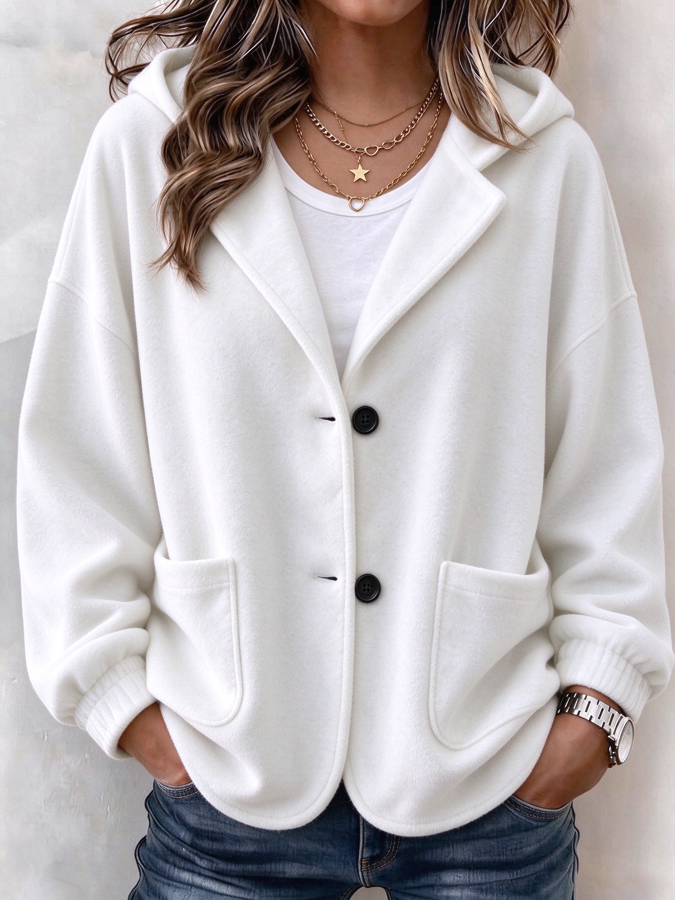 Women's Casual Solid Button Hooded Cardigan Jacket