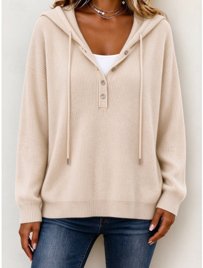 Women‘s Casual Loose Button Hooded Cashmere Sweatshirt
