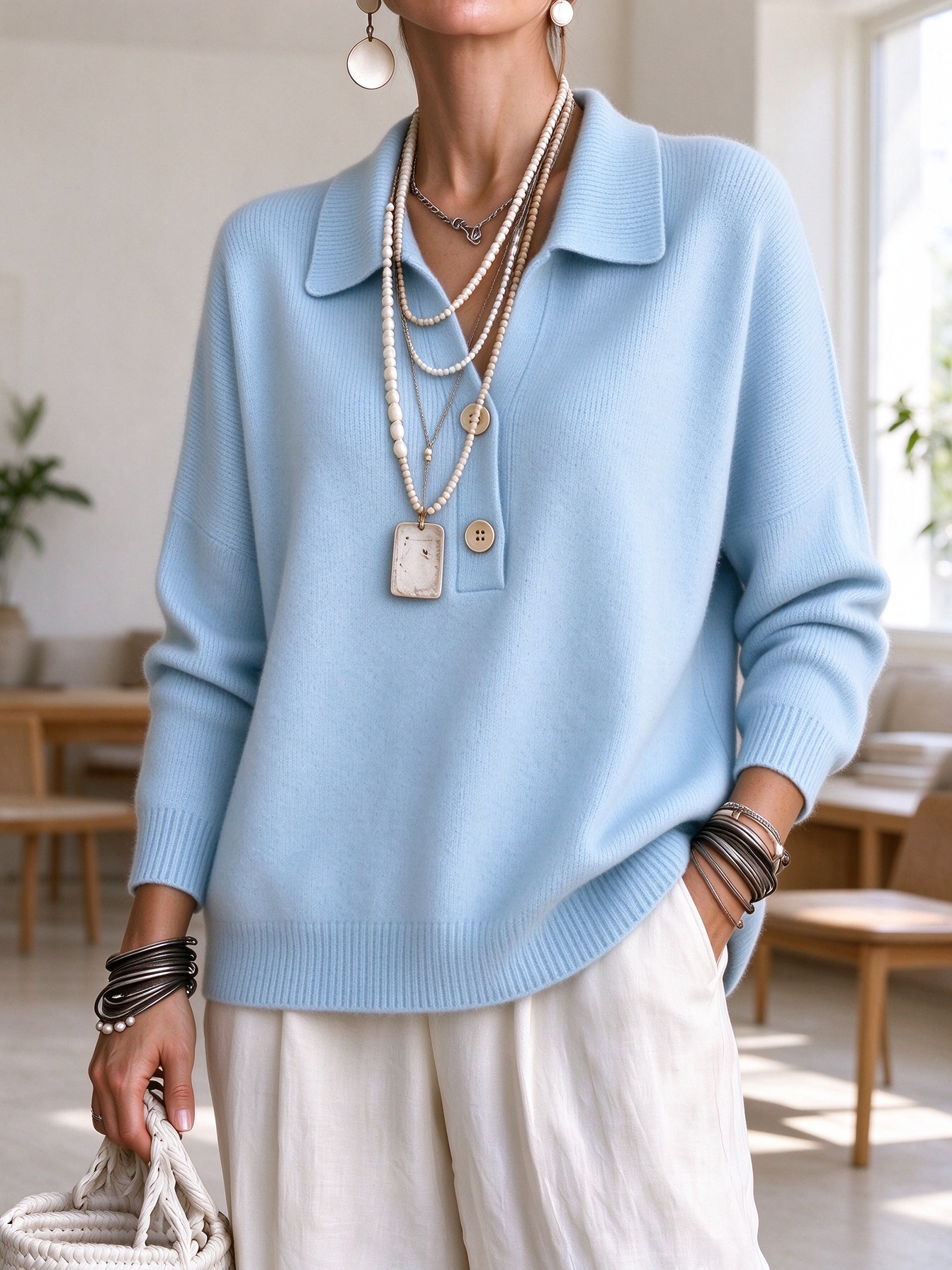 ⏰CLEARANCE💥 Women‘s Casual Comfy V-neck Button Cashmere Sweater Top