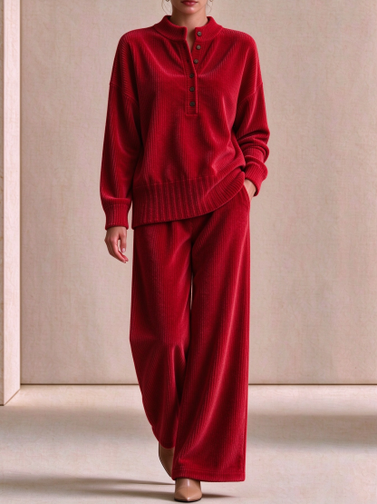 Women's Casual Loose Button Top and Wide-Leg Pants Knit Suit