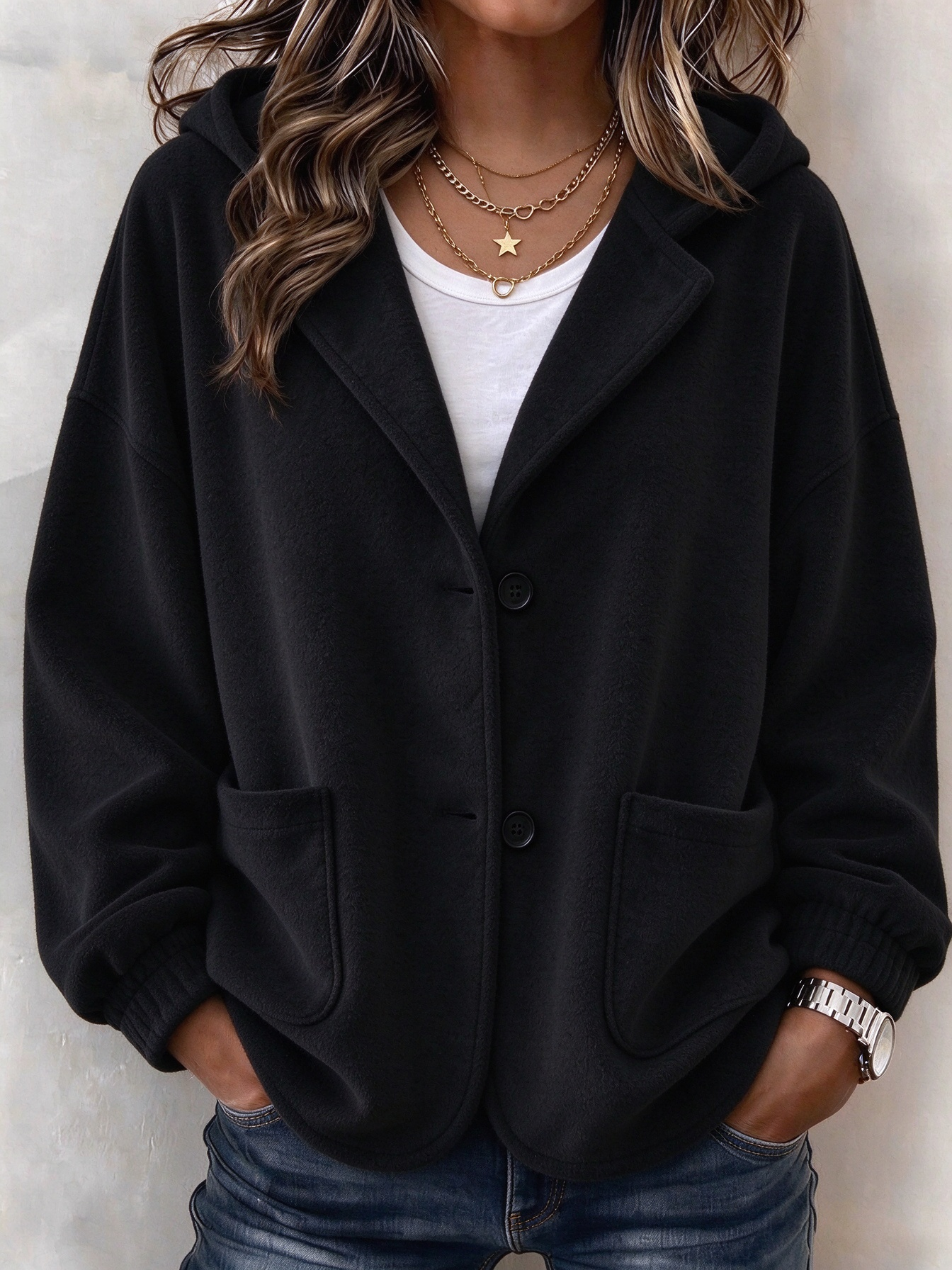 Women's Casual Solid Button Hooded Cardigan Jacket