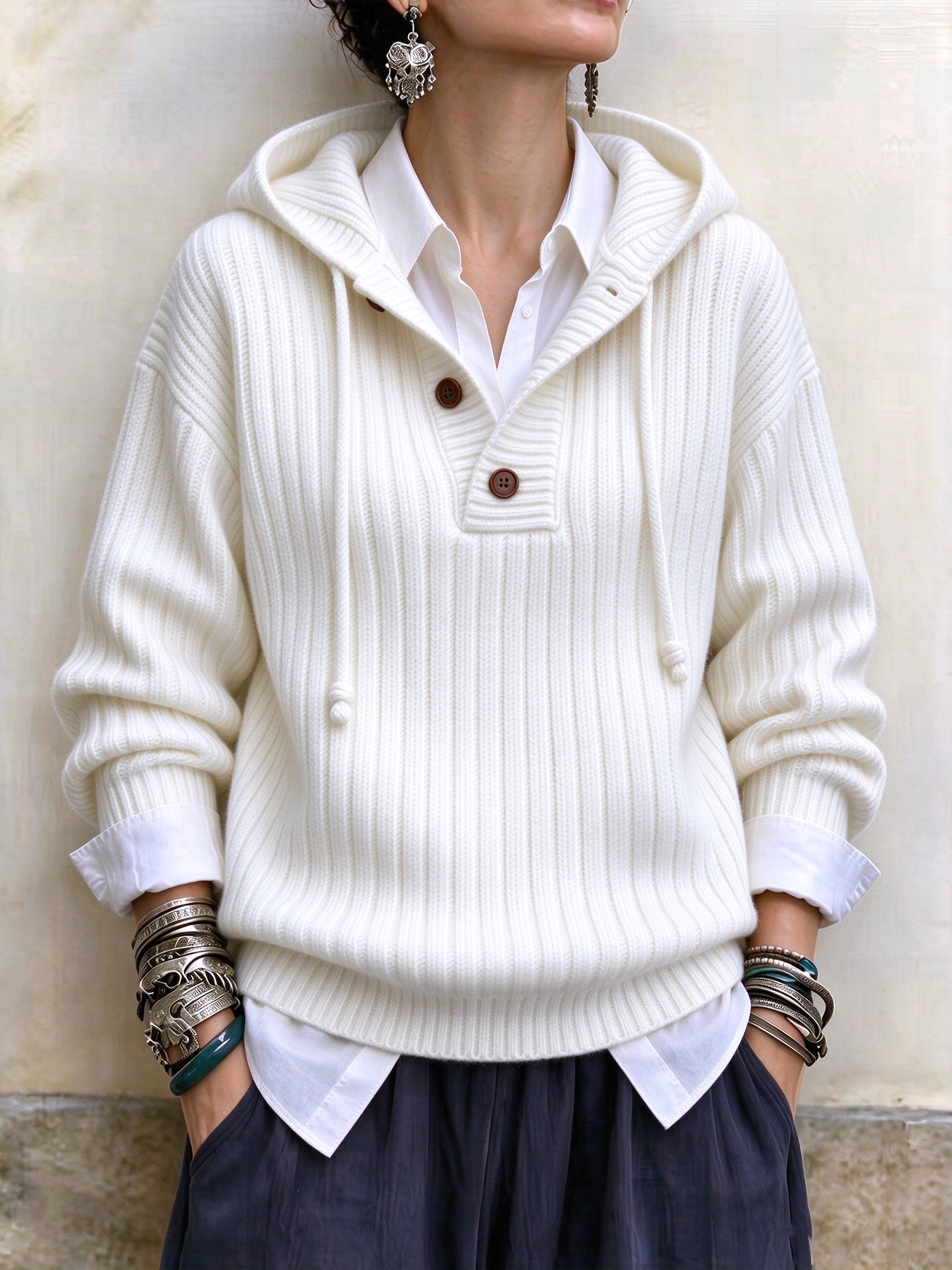 Women‘s Casual Comfy Button Hooded Cashmere Sweatshirt
