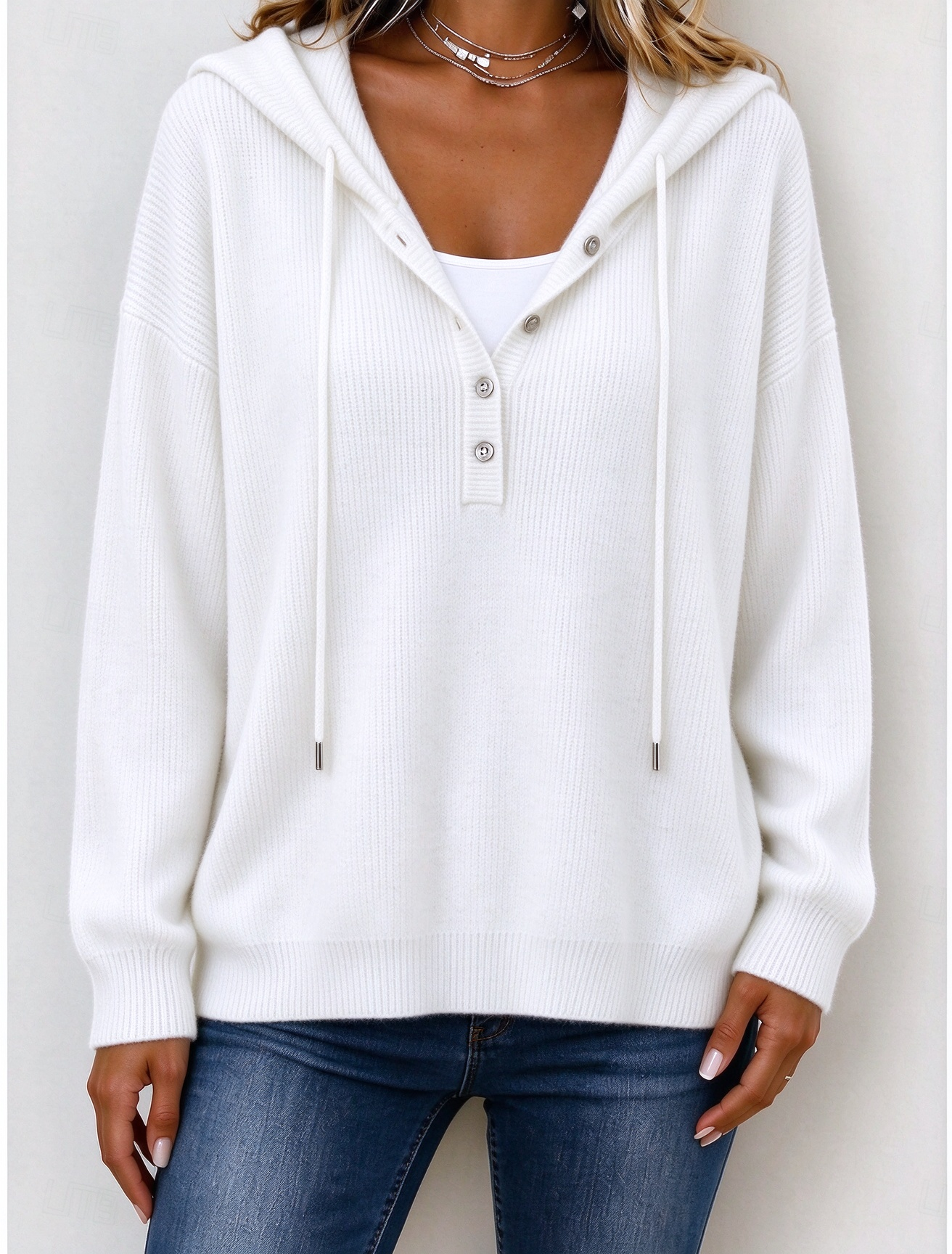Women‘s Casual Loose Button Hooded Cashmere Sweatshirt
