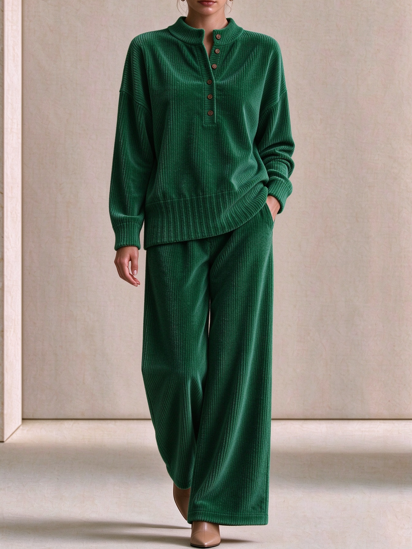Women's Casual Loose Button Top and Wide-Leg Pants Knit Suit