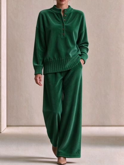 Women's Casual Loose Button Top and Wide-Leg Pants Knit Suit