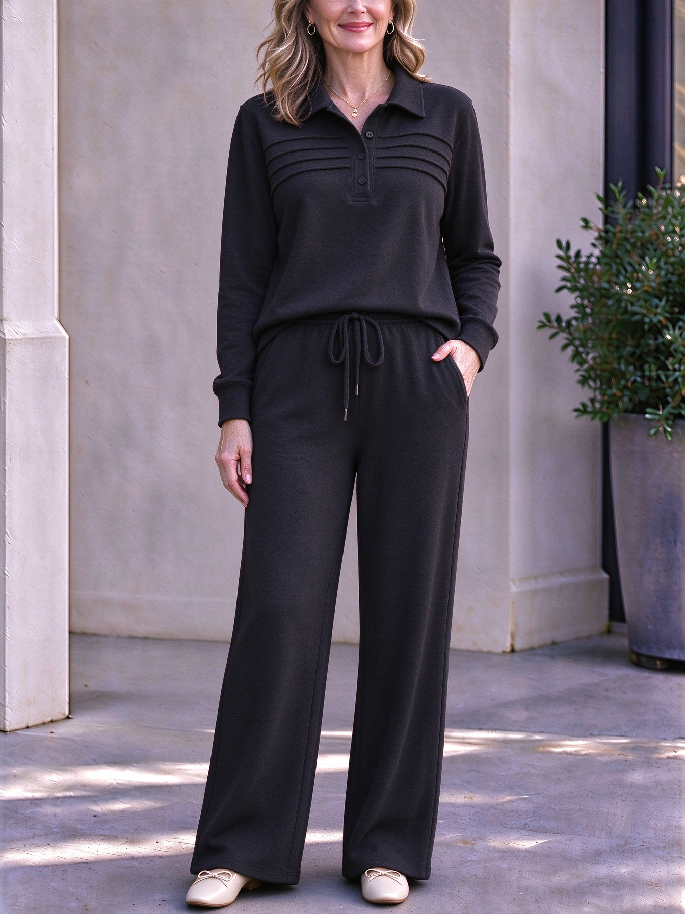 Women's Casual 2 Piece Lapel Button Sweatshirt and Wide-Leg Pants Travel Outfits Set