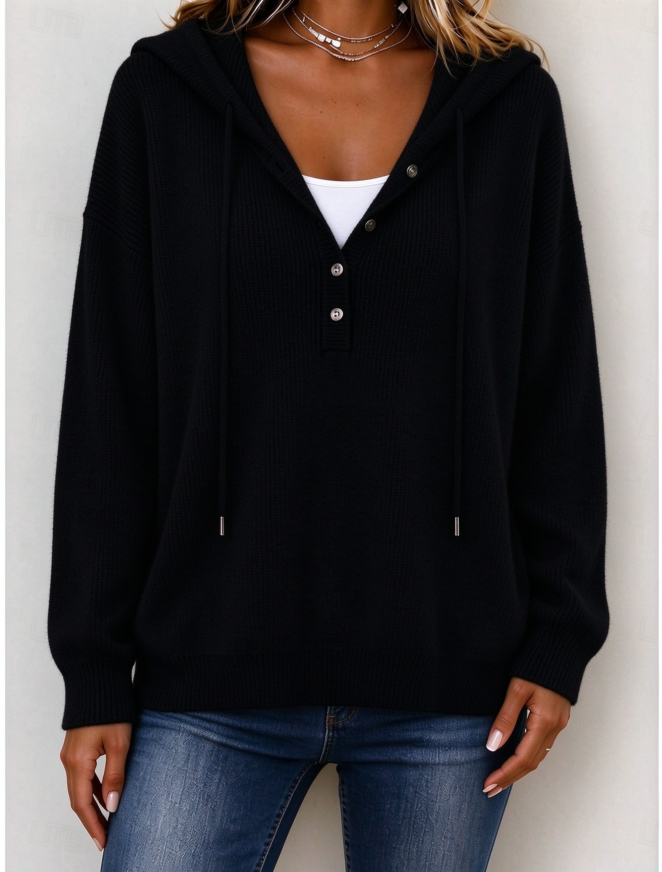Women‘s Casual Loose Button Hooded Cashmere Sweatshirt