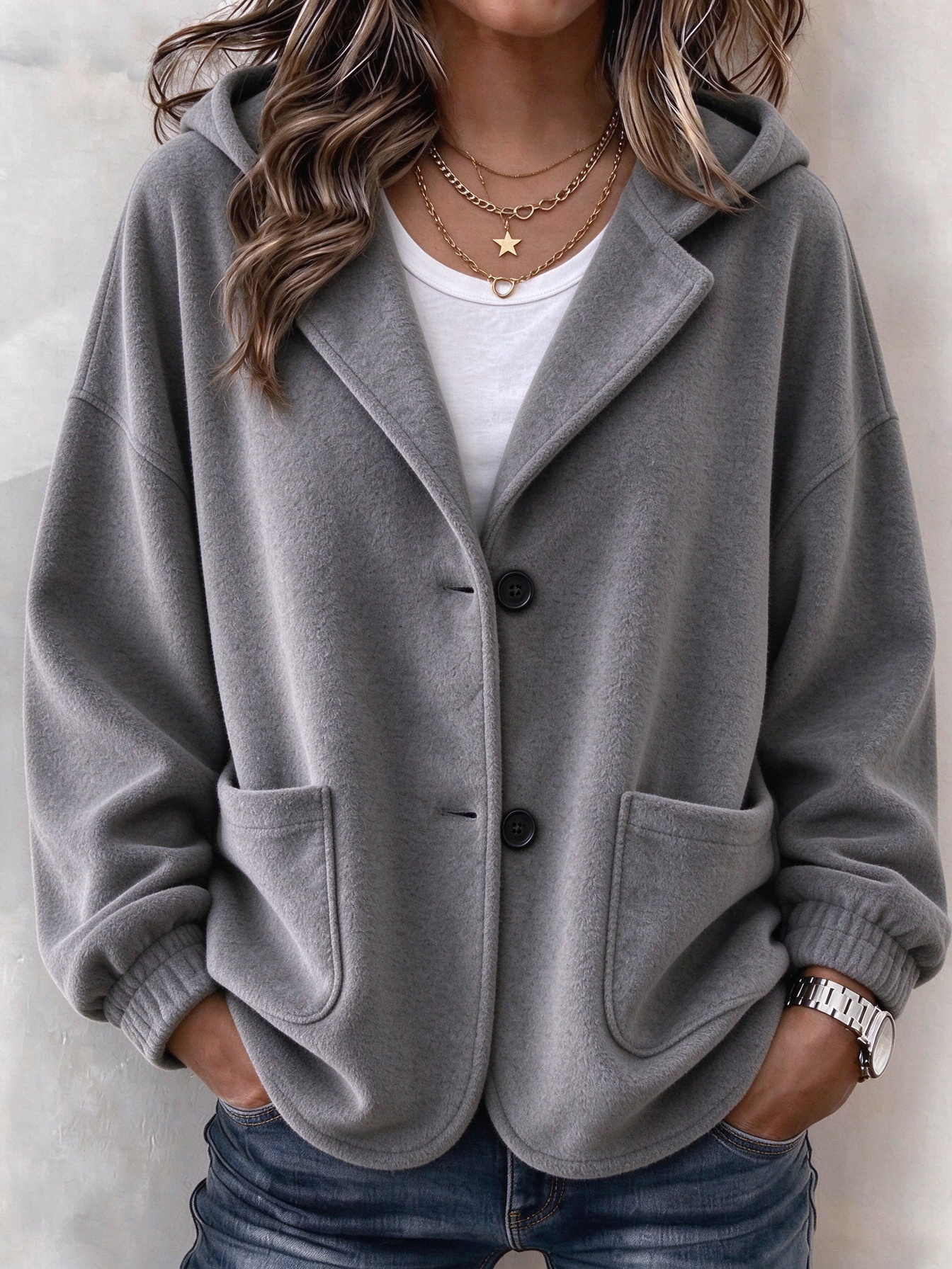 Women's Casual Solid Button Hooded Cardigan Jacket