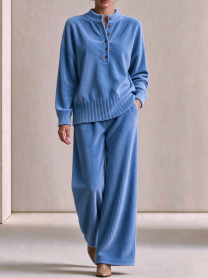Women's Casual Loose Button Top and Wide-Leg Pants Knit Suit