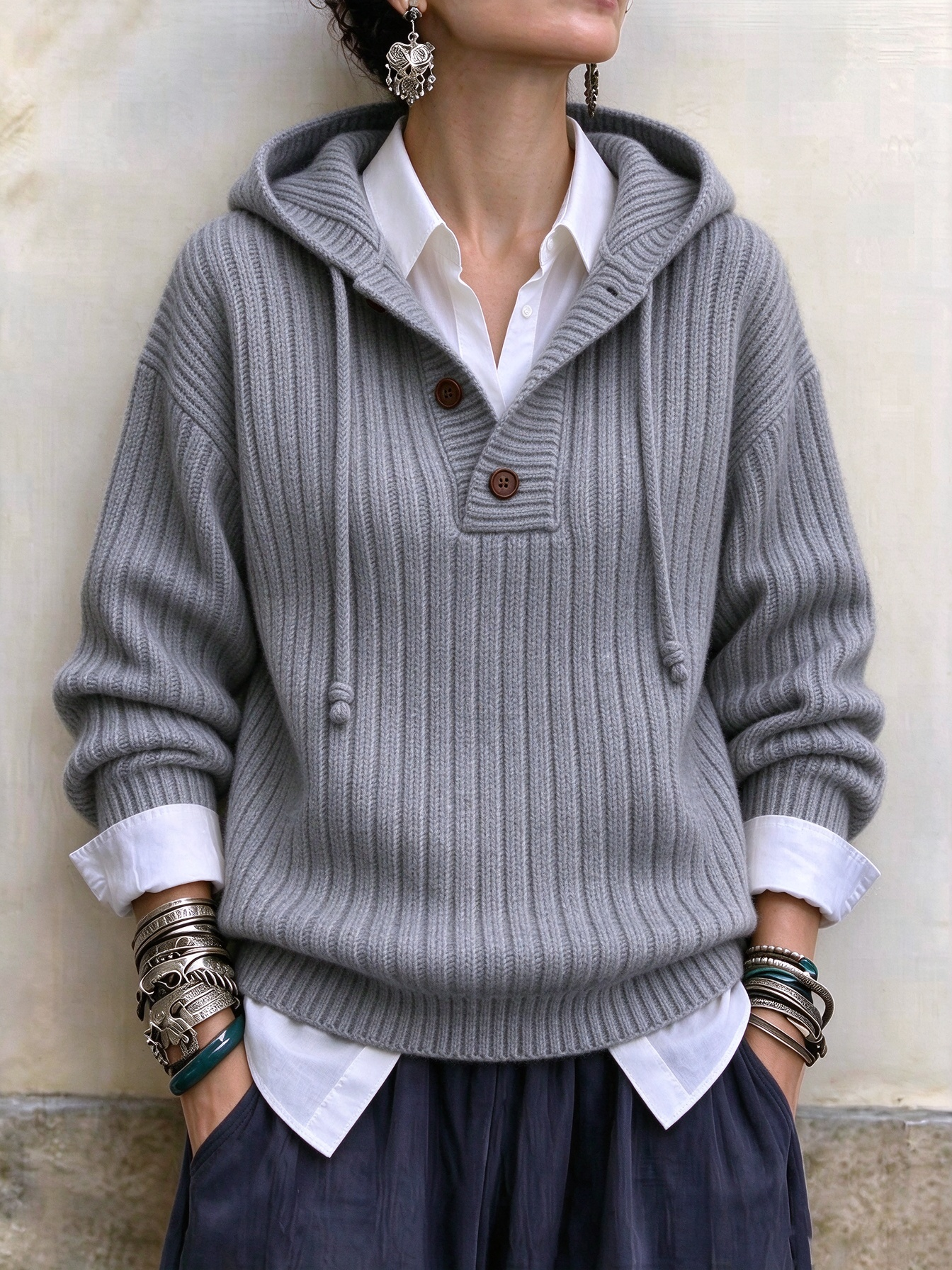 Women‘s Casual Comfy Button Hooded Cashmere Sweatshirt