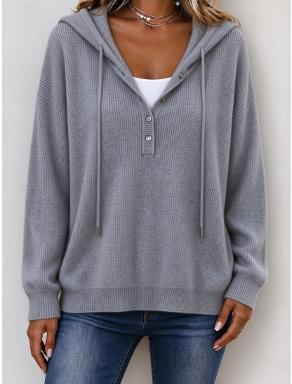 Women‘s Casual Loose Button Hooded Cashmere Sweatshirt