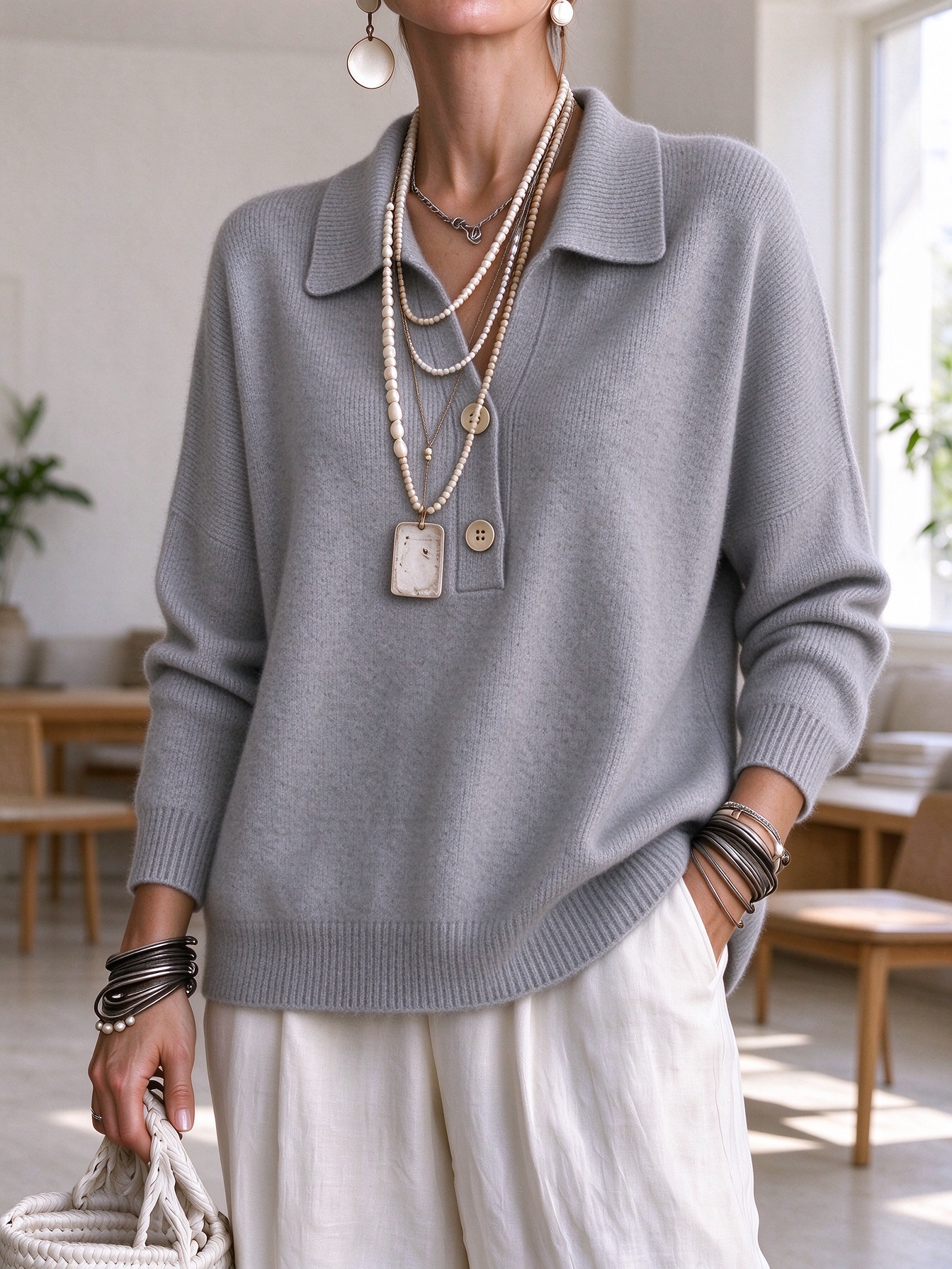 ⏰CLEARANCE💥 Women‘s Casual Comfy V-neck Button Cashmere Sweater Top
