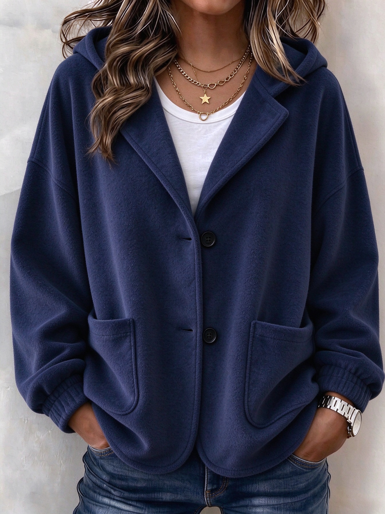 Women's Casual Solid Button Hooded Cardigan Jacket