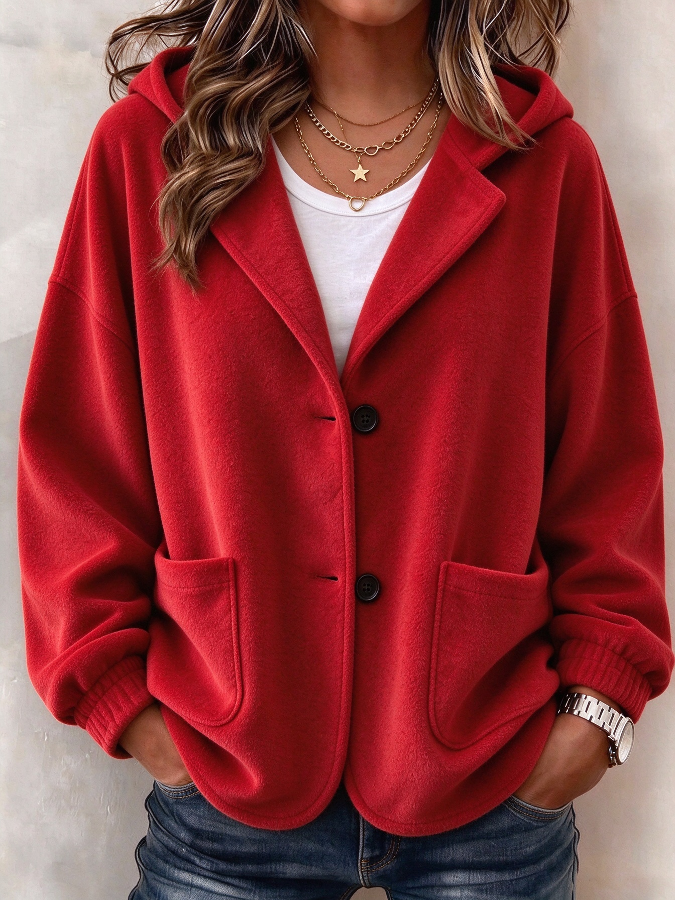 Women's Casual Solid Button Hooded Cardigan Jacket