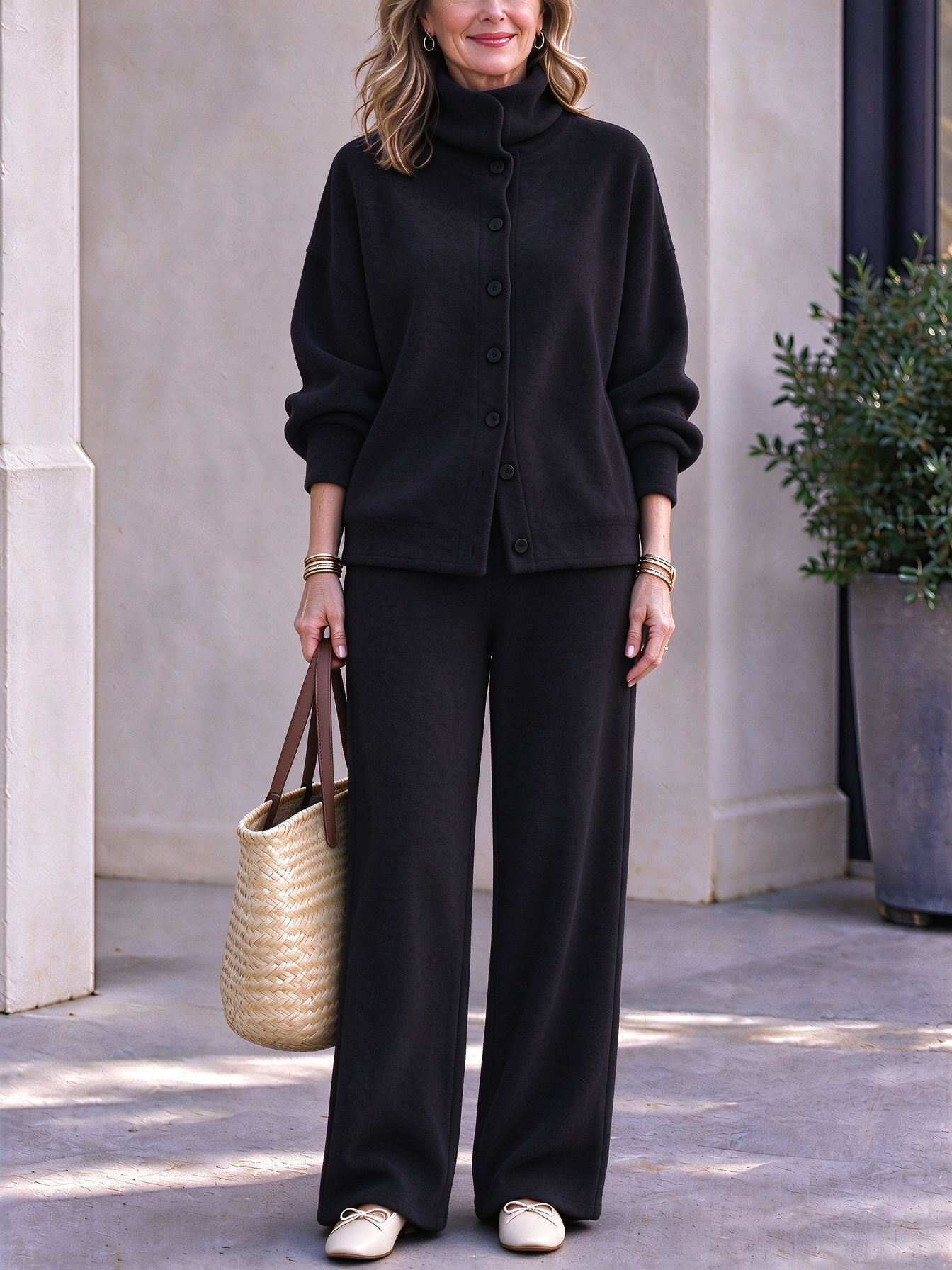 Women's Casual Turtleneck Top and Wide-Leg Pants Suit