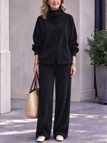 Women's Casual Turtleneck Top and Wide-Leg Pants Suit