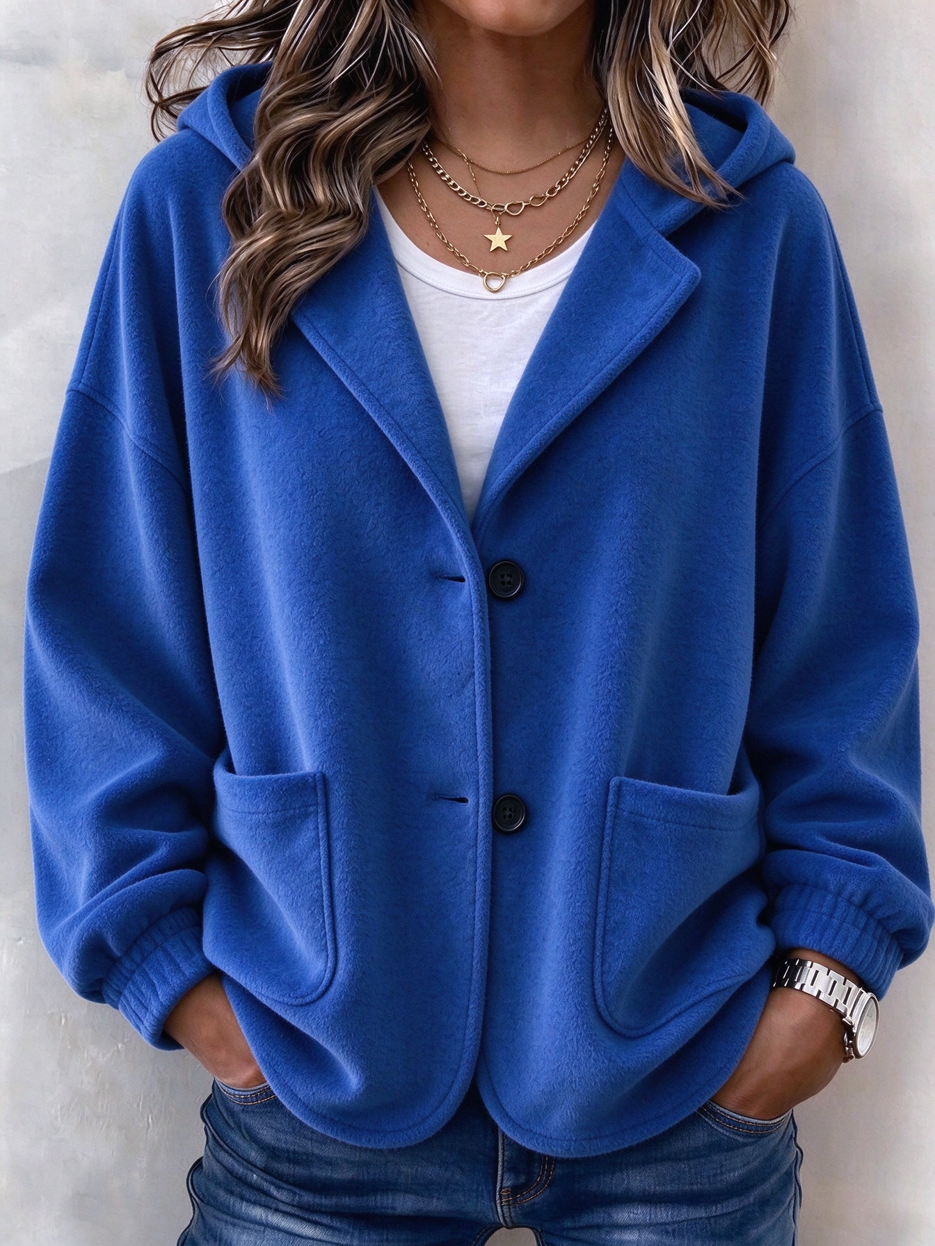 Women's Casual Solid Button Hooded Cardigan Jacket