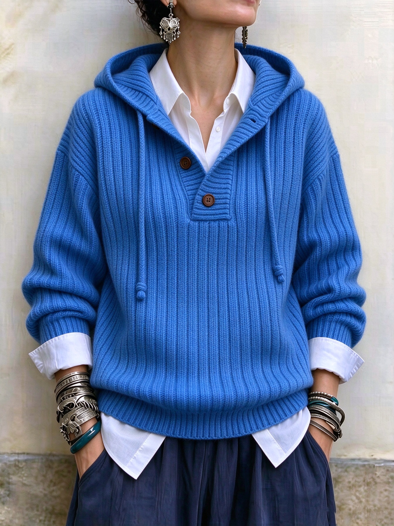 Women‘s Casual Comfy Button Hooded Cashmere Sweatshirt