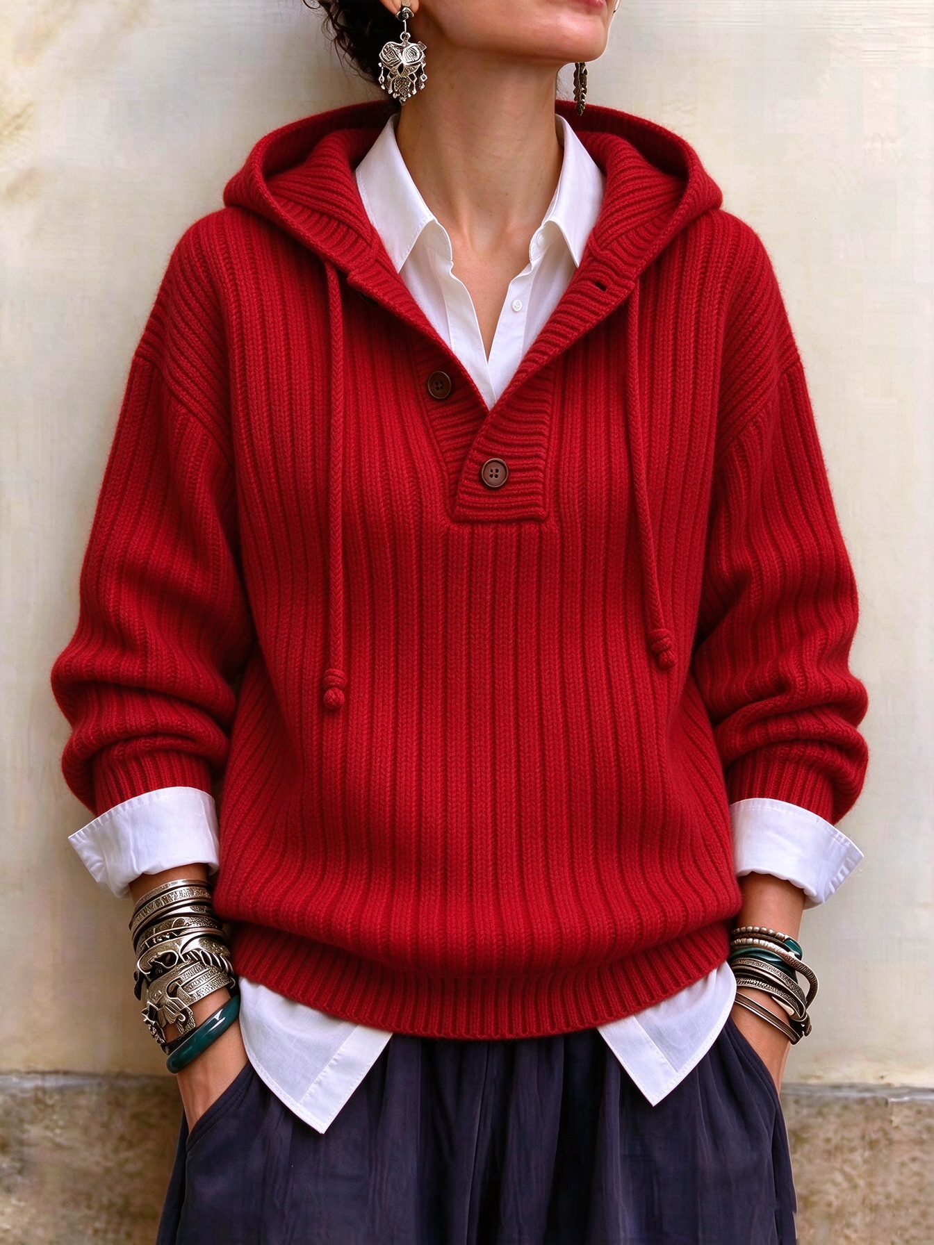 Women‘s Casual Comfy Button Hooded Cashmere Sweatshirt