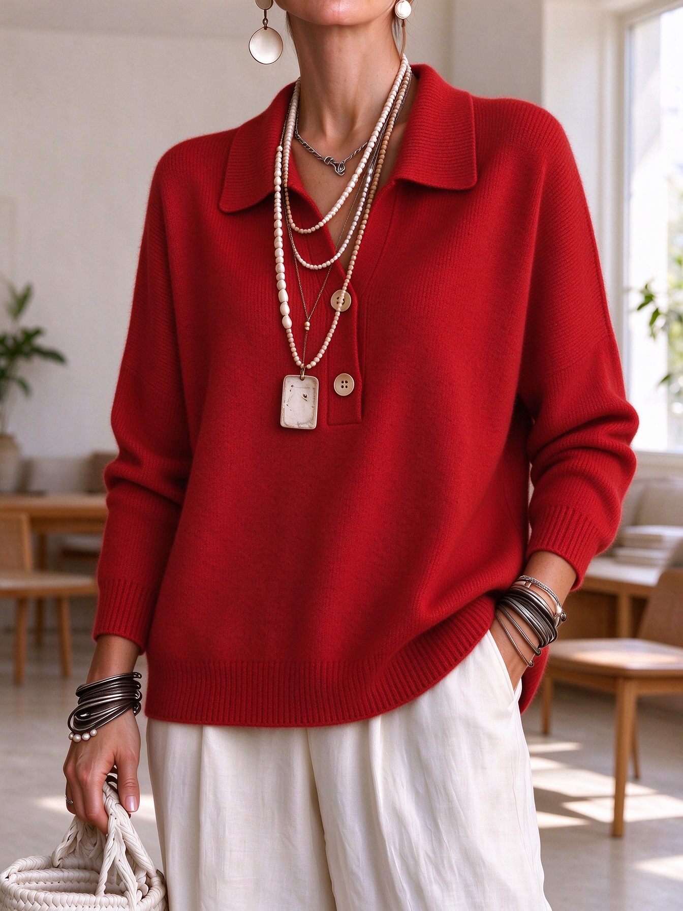 ⏰CLEARANCE💥 Women‘s Casual Comfy V-neck Button Cashmere Sweater Top
