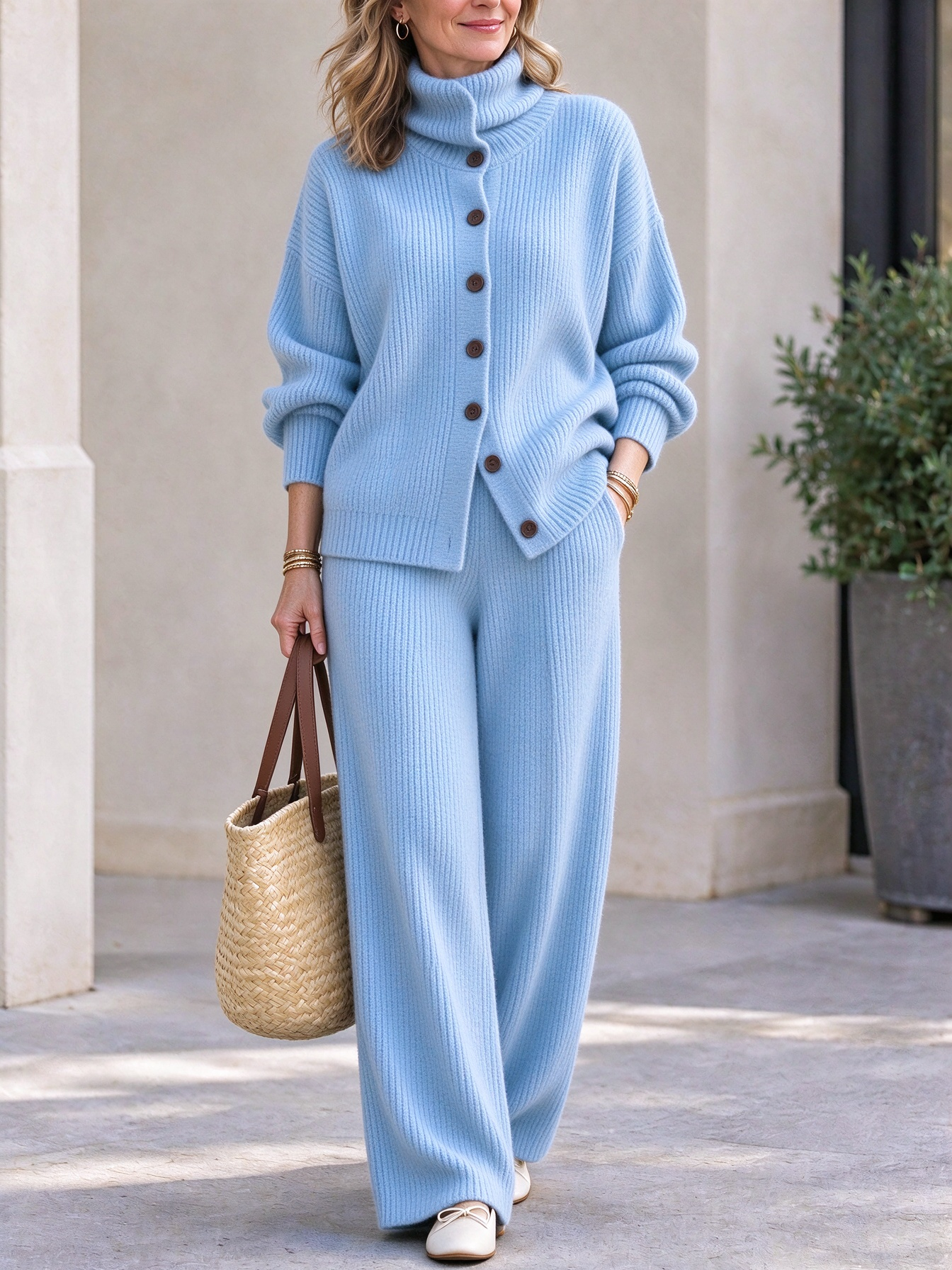 ⏰2026 HOT SALE💥 Women's Casual Turtleneck Top and Wide-Leg Pants Knit Suit
