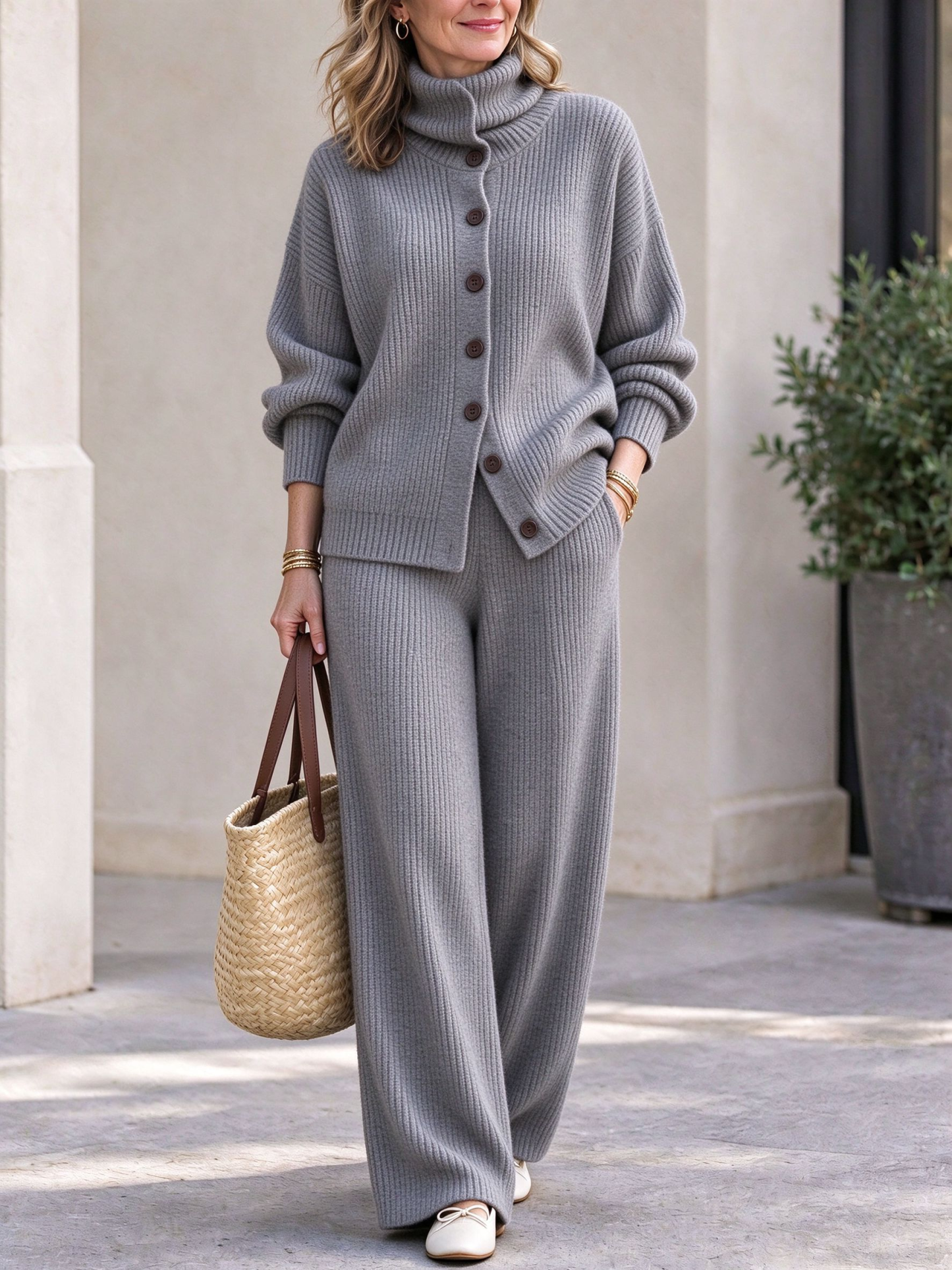 ⏰2026 HOT SALE💥 Women's Casual Turtleneck Top and Wide-Leg Pants Knit Suit
