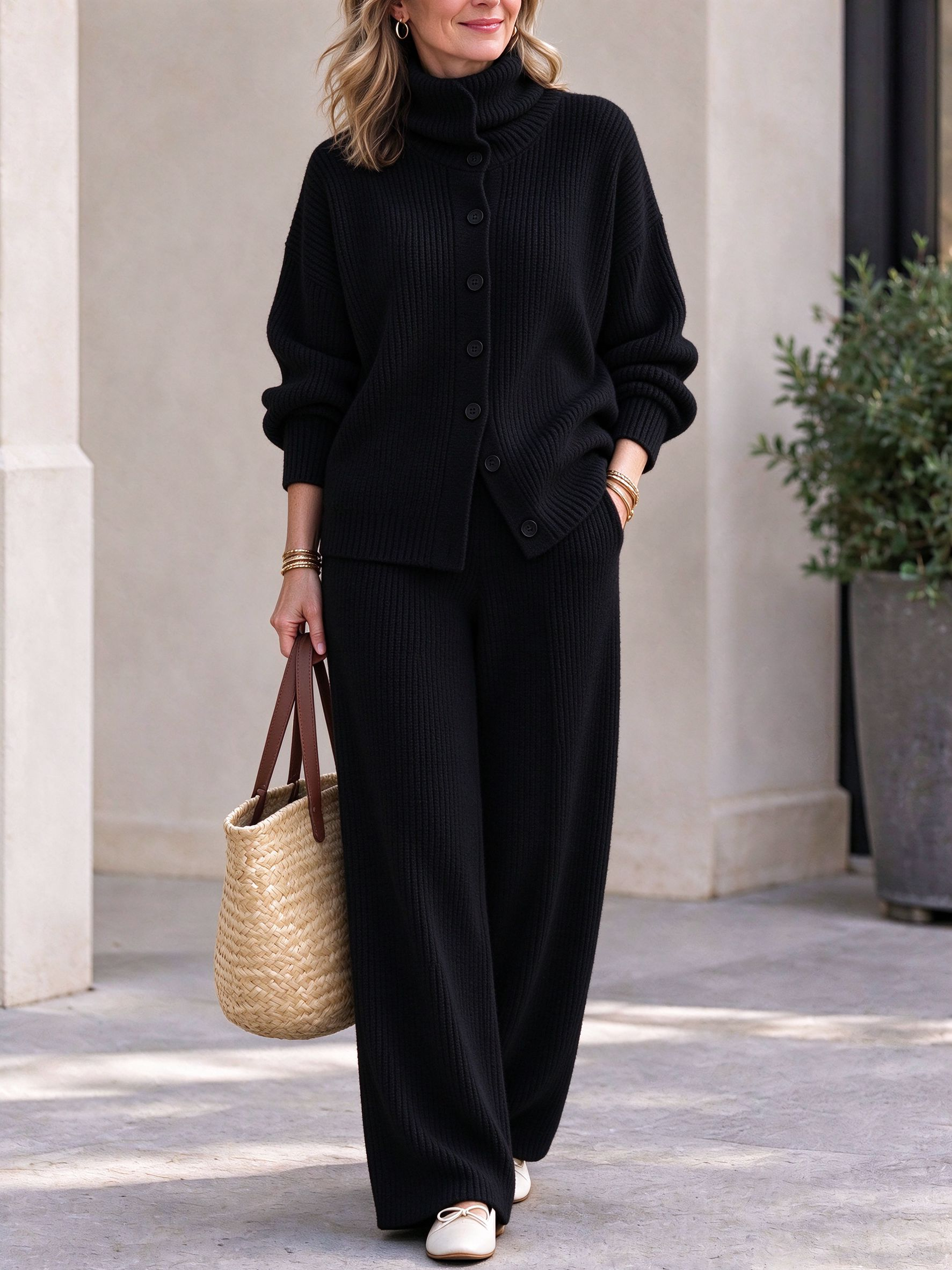 ⏰2026 HOT SALE💥 Women's Casual Turtleneck Top and Wide-Leg Pants Knit Suit
