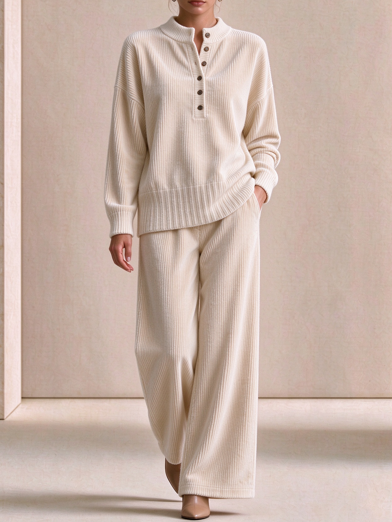 Women's Casual Loose Button Top and Wide-Leg Pants Knit Suit